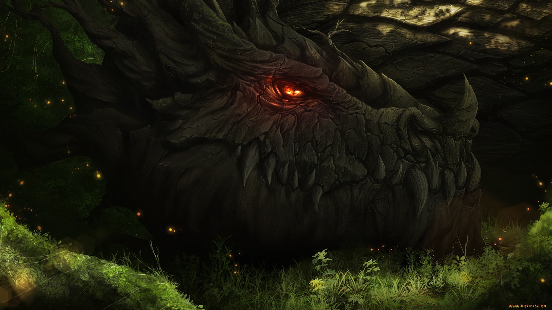 General 1920x1080 dragon forest artwork fantasy art creature red eyes glowing eyes