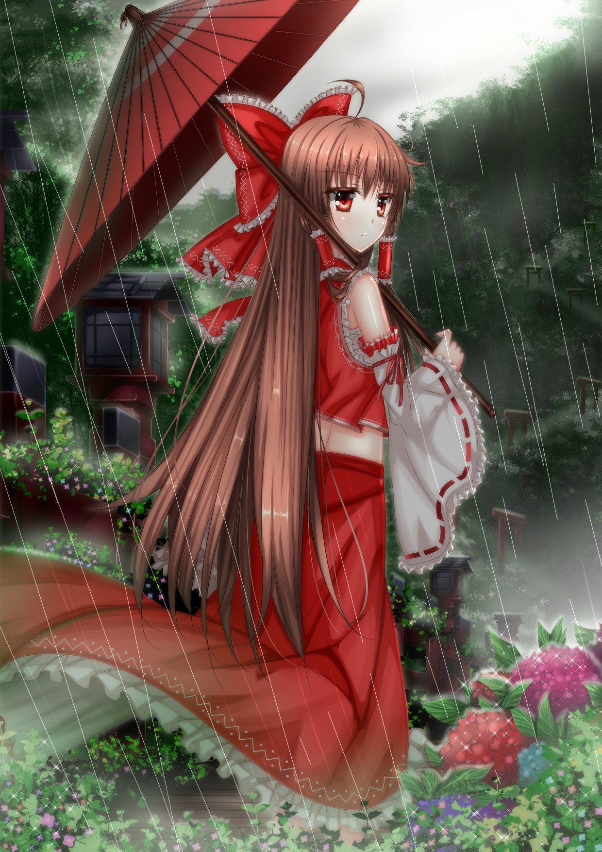 Anime 1240x1754 Swordsouls anime girls anime Hakurei Reimu artwork Touhou fantasy art fantasy girl women with umbrella rain red dress long hair