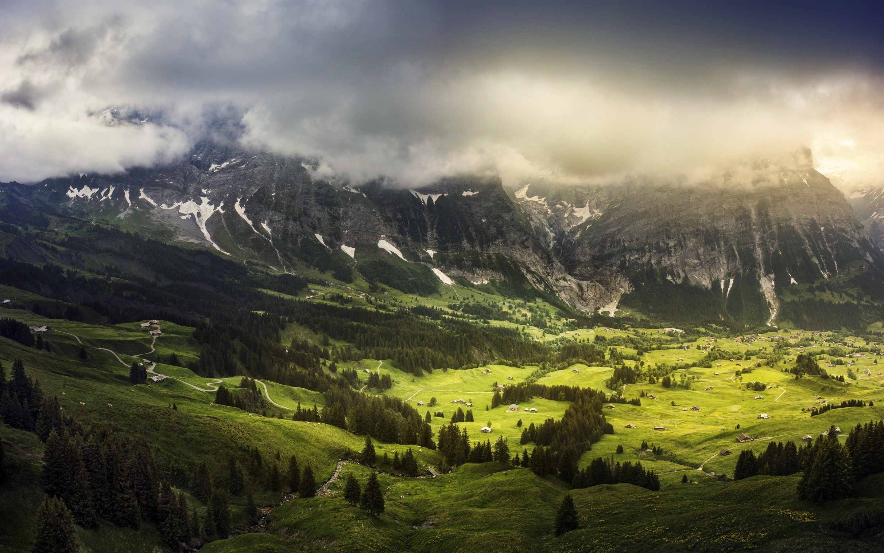 General 2880x1800 landscape nature mountains Switzerland trees clouds valley
