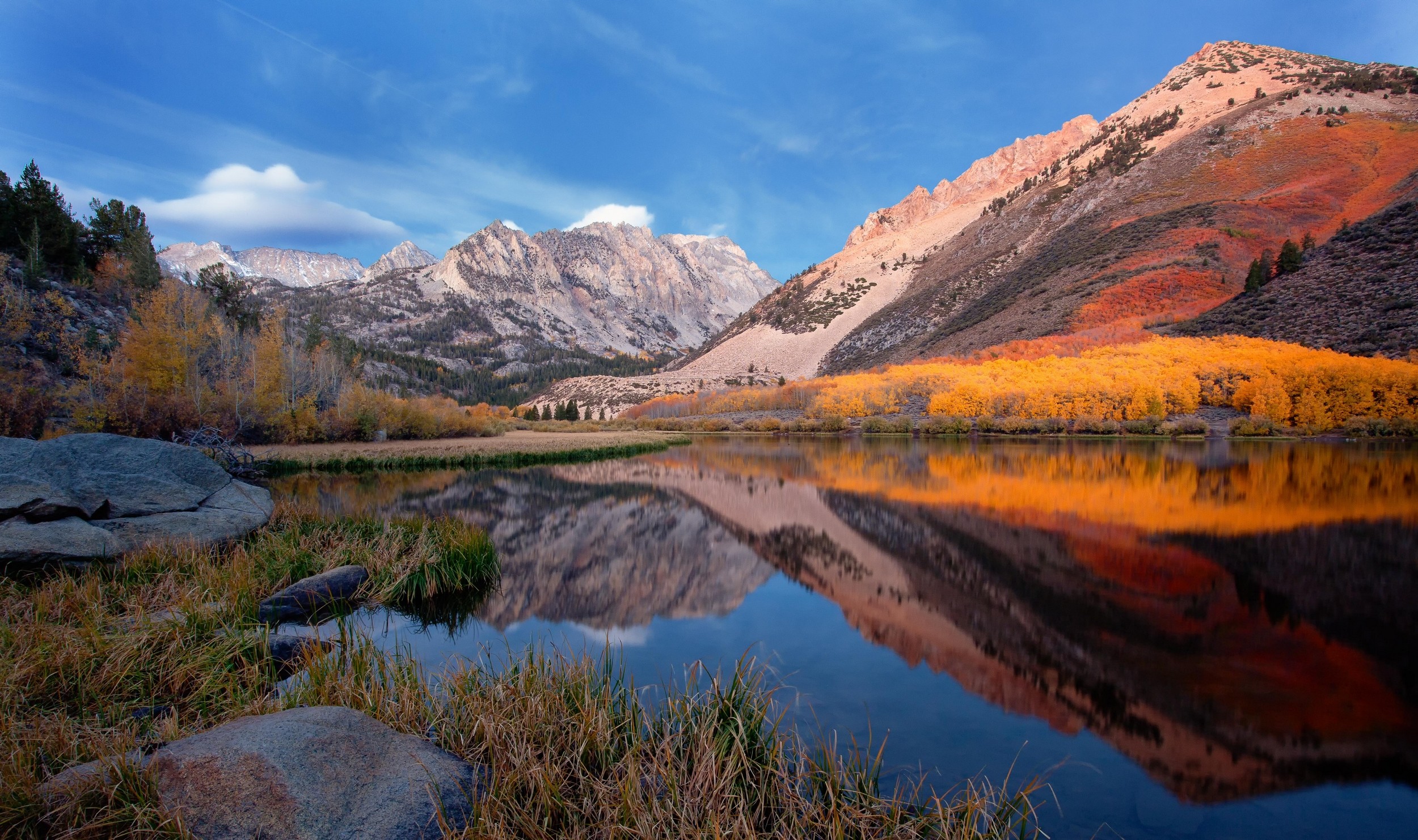 General 2500x1482 mountains lake forest reflection fall water trees grass nature landscape