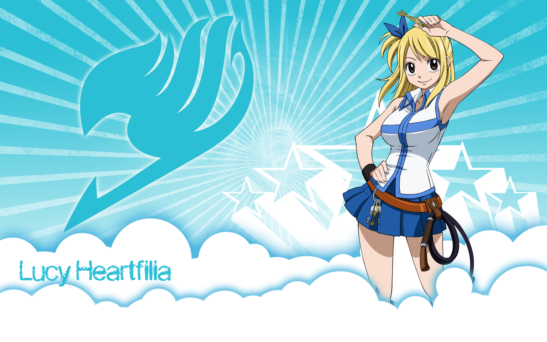 Anime 1920x1200 anime Fairy Tail Heartfilia Lucy  cyan anime girls cyan background boobs hands on hips smiling arms up miniskirt standing whips