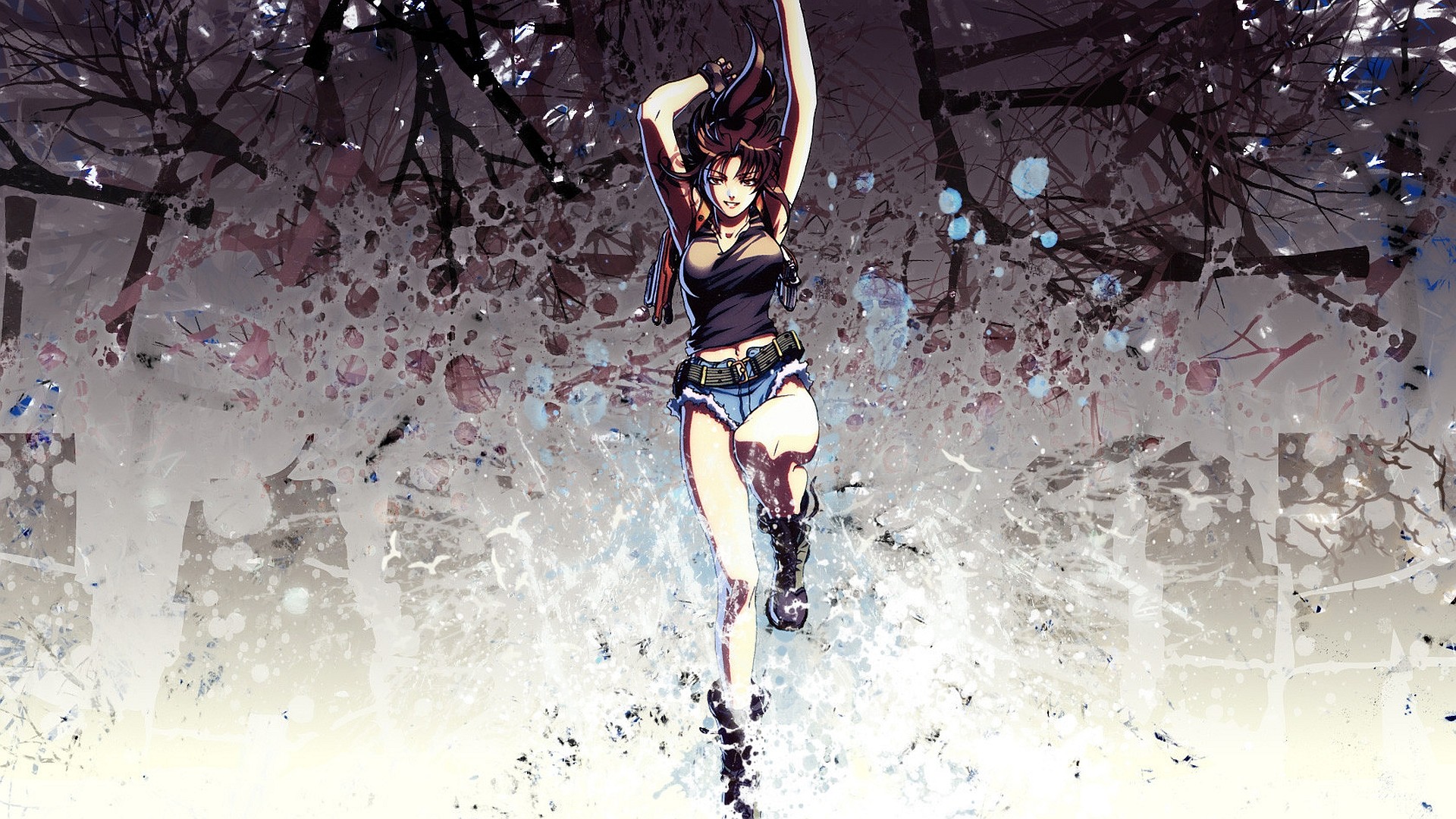 Anime 1920x1080 anime Black Lagoon Revy anime girls jean shorts legs boobs arms up