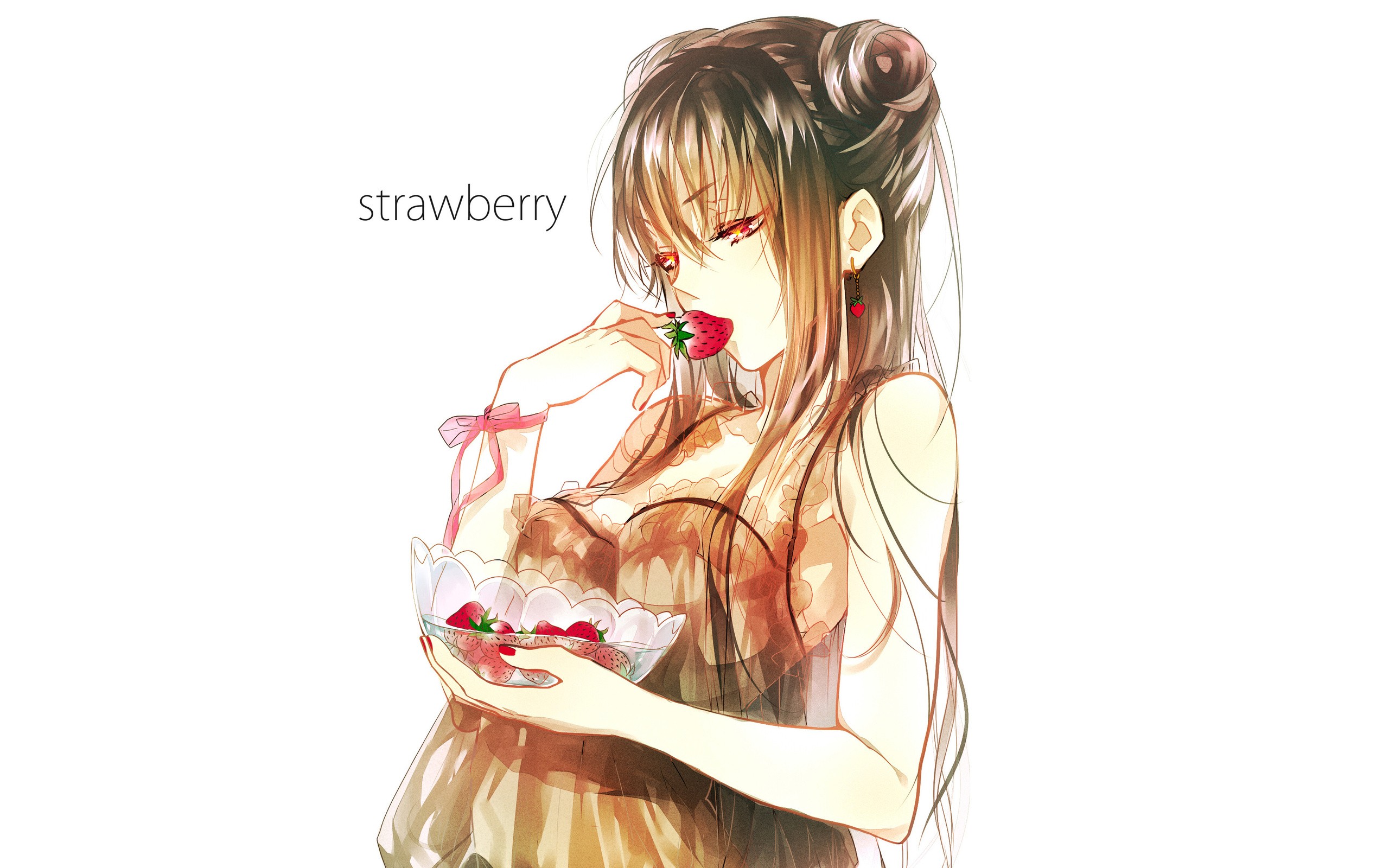 Anime 2560x1600 strawberries original characters anime girls anime anime girls eating food fruit painted nails simple background berries red nails women white background