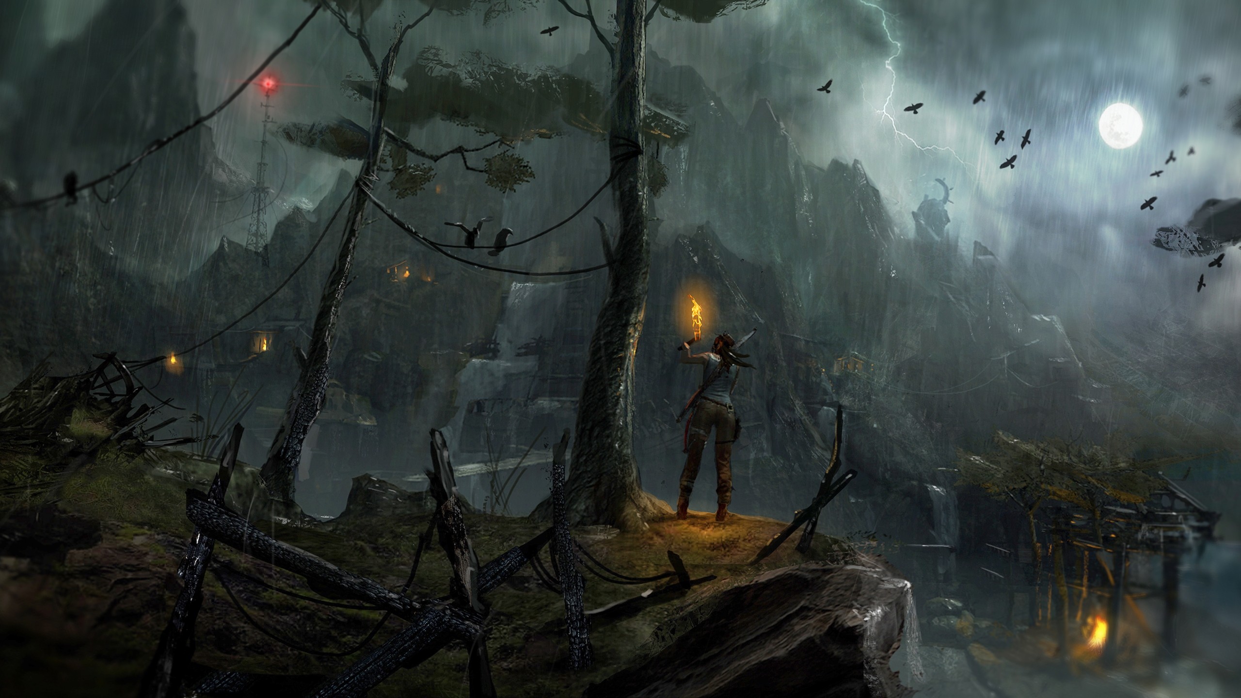 General 2560x1440 video games Tomb Raider video game art PC gaming Lara Croft (Tomb Raider) video game landscape mountains rain torches lightning birds storm trees