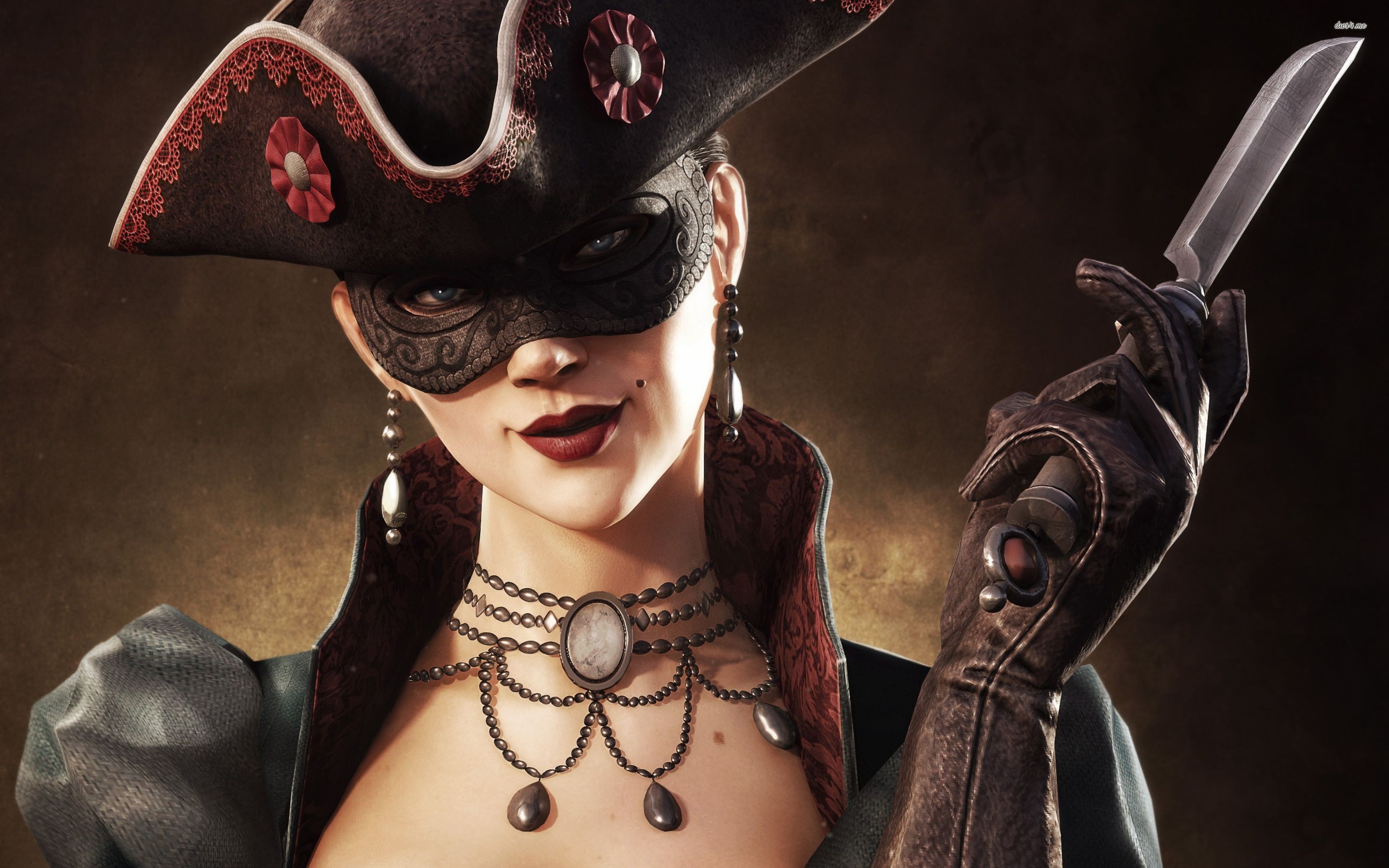 General 2880x1800 Assassin's Creed fantasy girl knife mask video games video game girls PC gaming hat women with hats looking at viewer necklace red lipstick video game art