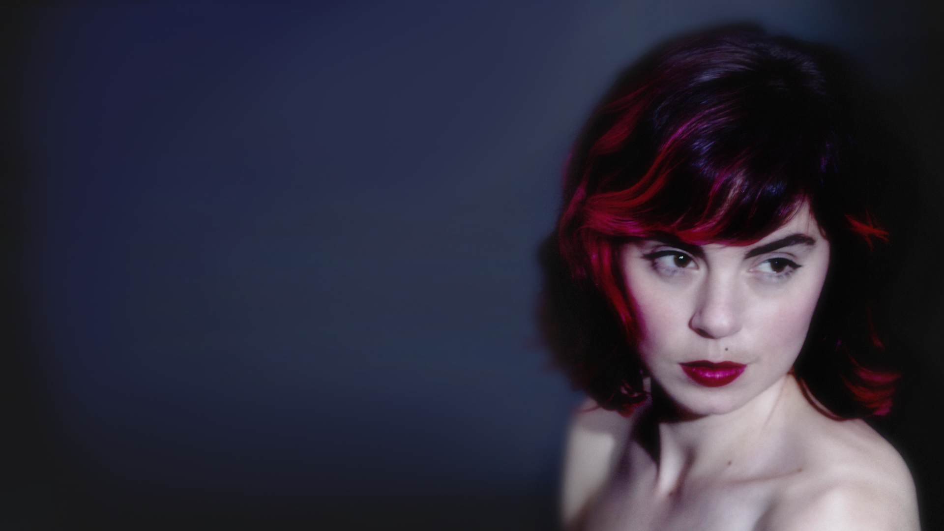 People 1920x1080 women singer redhead dyed hair looking away red lipstick bare shoulders women indoors indoors makeup lipstick simple background blue background studio