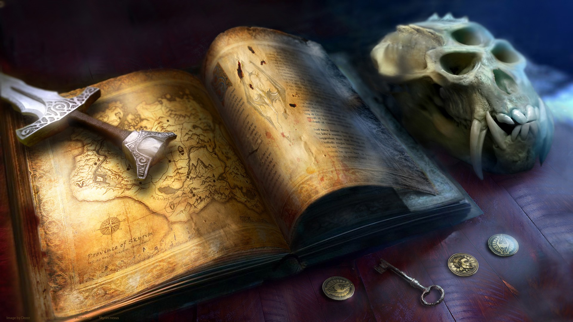 General 1920x1080 The Elder Scrolls V: Skyrim video games map fantasy art skull RPG video game art coins keys PC gaming