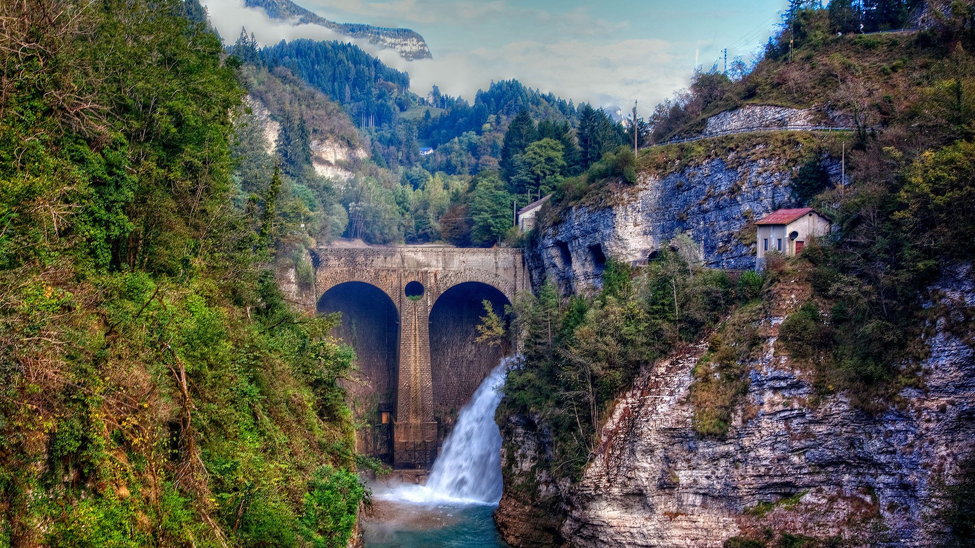 General 1920x1080 architecture bridge nature landscape waterfall trees forest rocks mountains clouds mist pine trees house dam