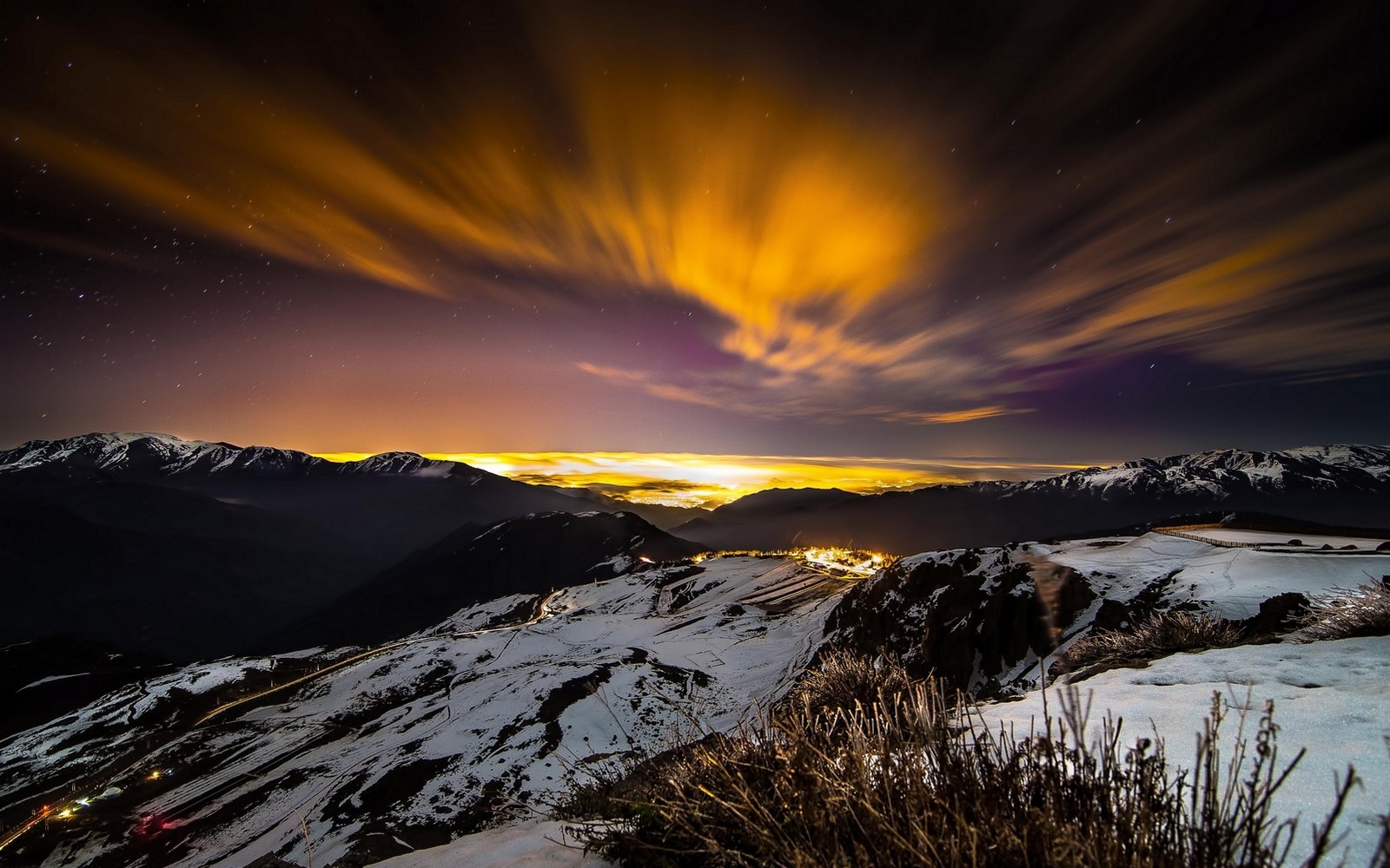 General 1600x1000 nature landscape mountains winter stars night city lights snow Chile clouds evening long exposure South America