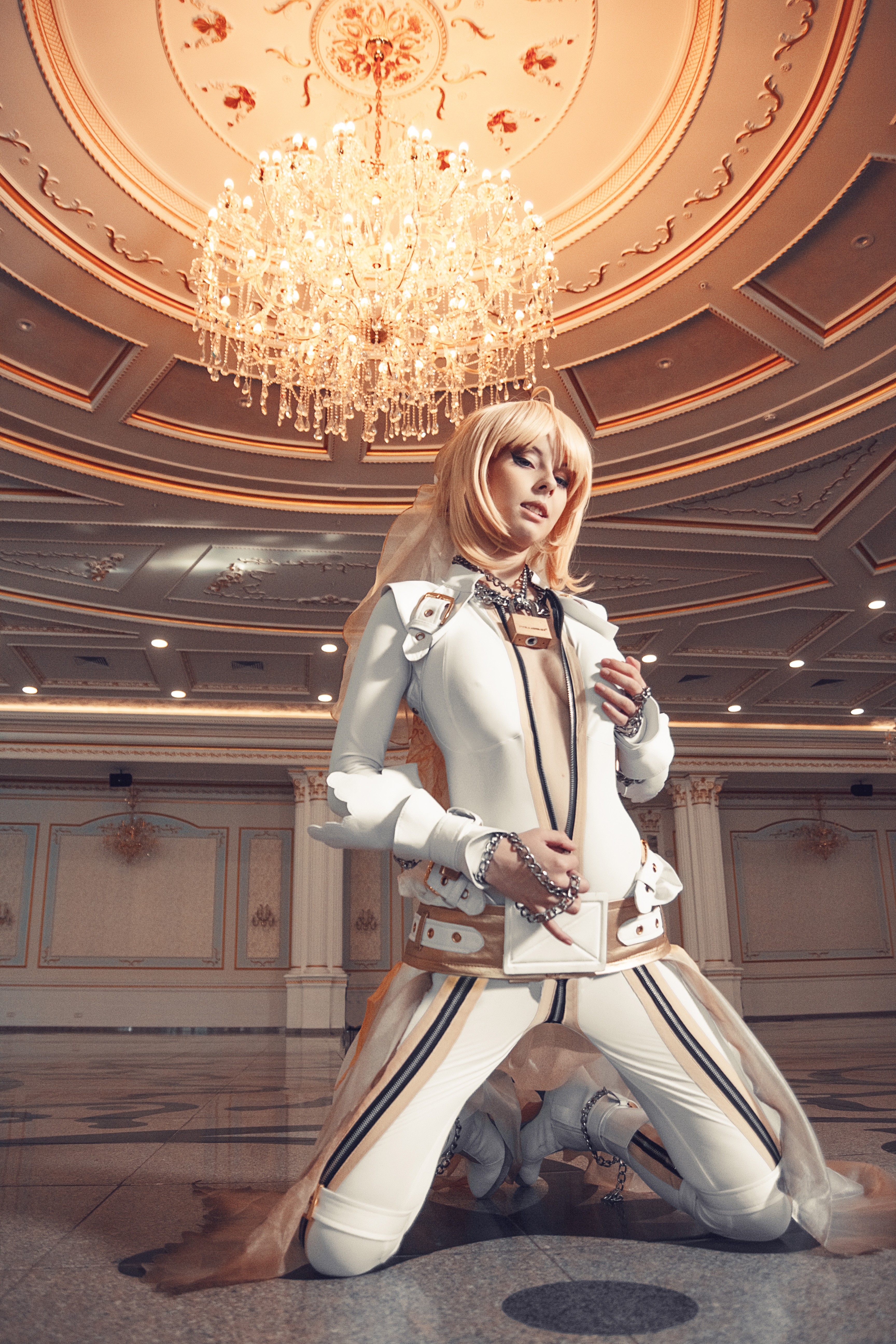 People 3456x5184 suits boots cosplay Saber Bride long hair blonde blue eyes leather boots leather clothing cleavage ballroom Helly von Valentine zipper women indoors DeviantArt model kneeling women