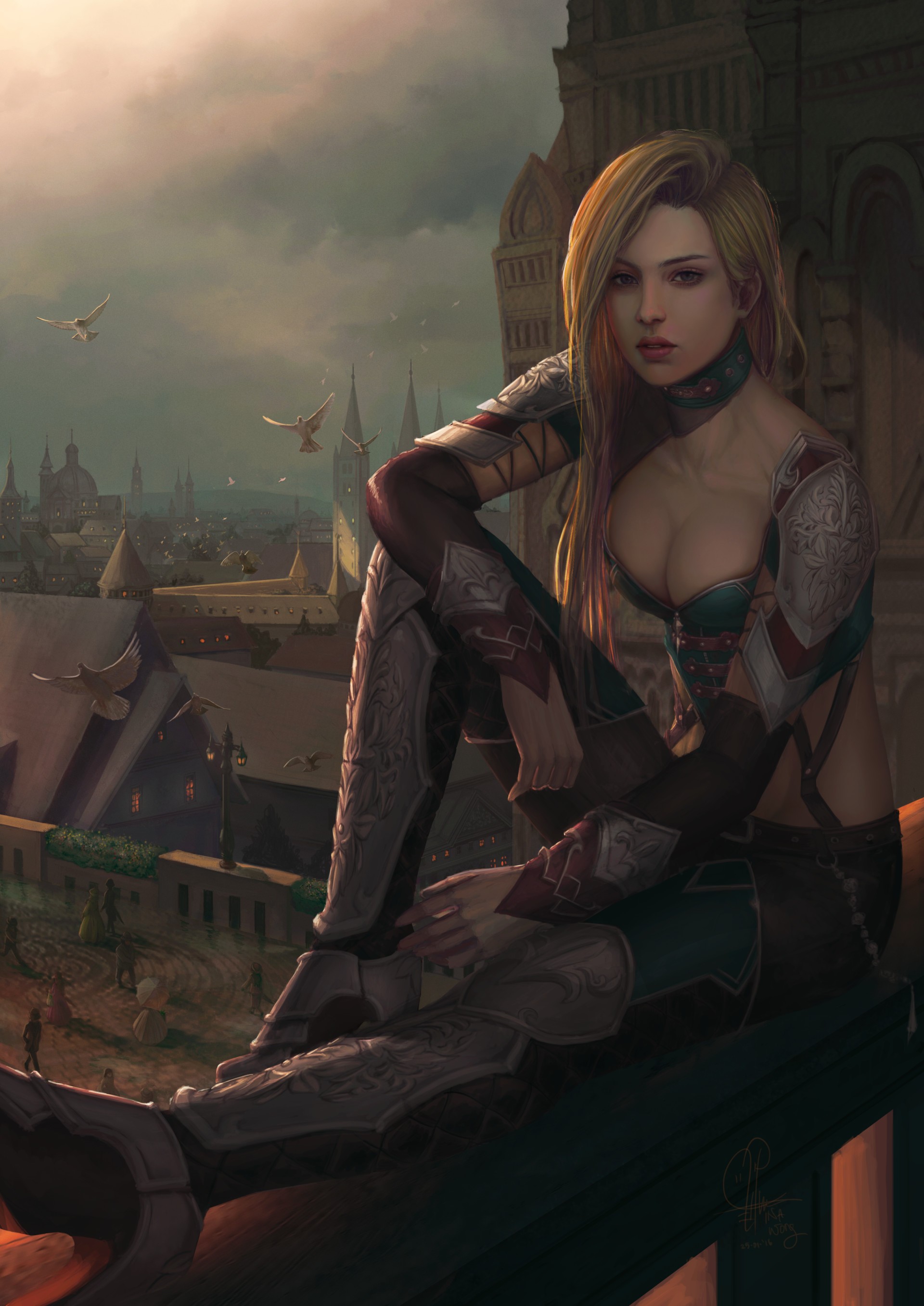General 1920x2715 fantasy art fantasy girl fantasy city 2D cleavage thigh high boots looking at viewer armor Ina Wong multi-colored hair bare midriff blonde boobs women