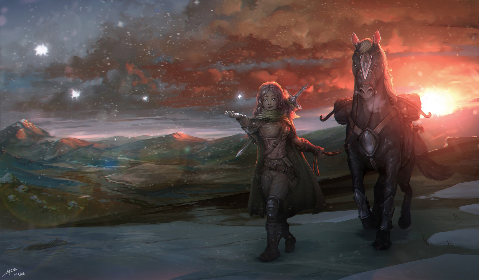 General 1920x1124 fantasy art fantasy girl landscape horse 2015 (Year) animals sky nature snow sunlight