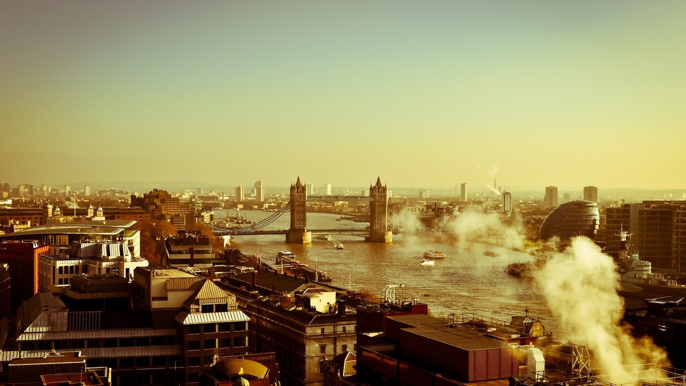 General 1366x768 city London cityscape sepia Tower Bridge River Thames UK England river rooftops