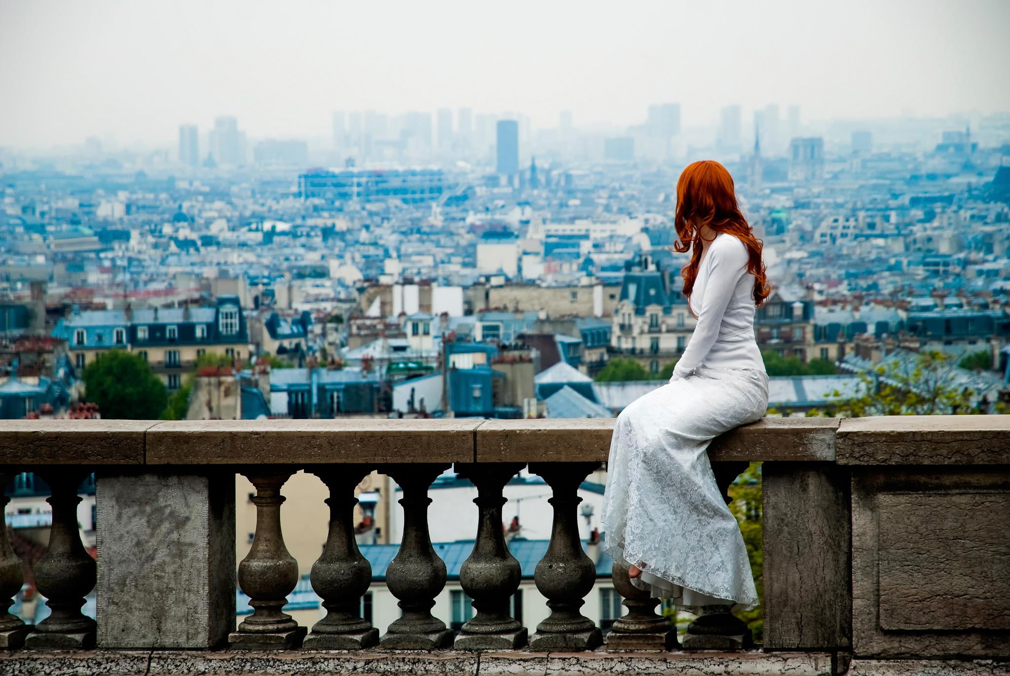 People 2048x1371 women balcony model city redhead white dress urban cityscape white clothing dress looking into the distance