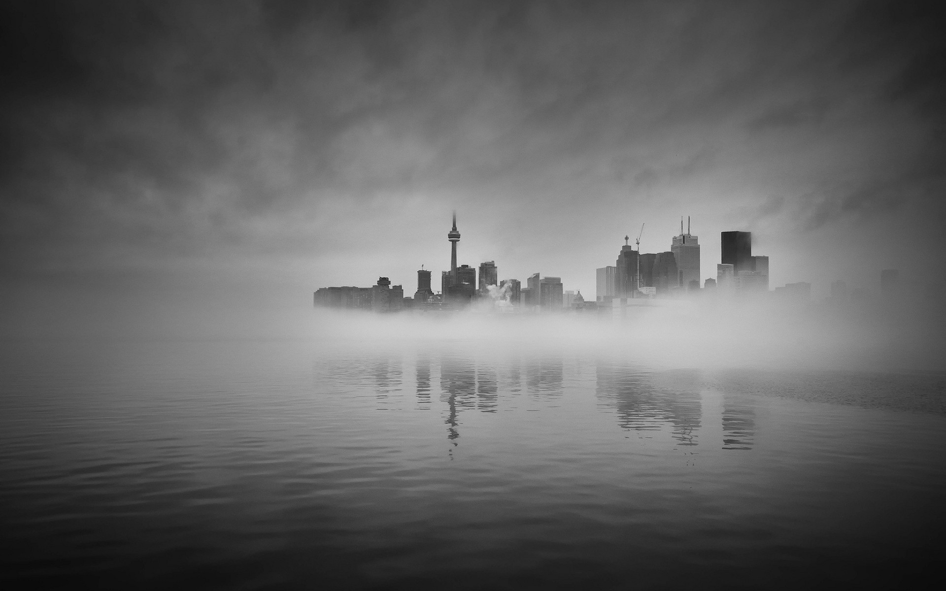 General 1920x1200 photography water monochrome mist city cityscape reflection Toronto gray CN Tower Canada