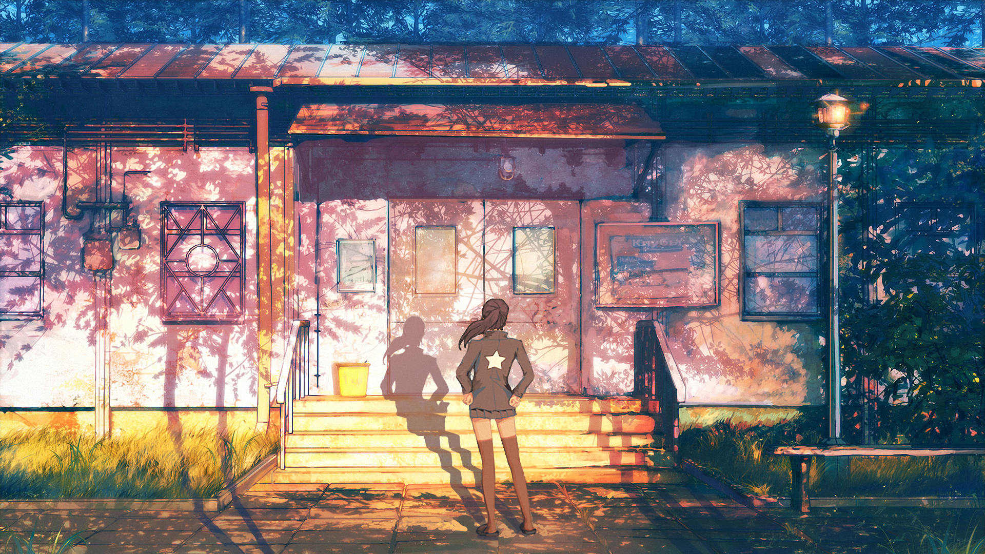 Anime 1920x1080 anime shadow building sunlight anime girls standing outdoors brunette
