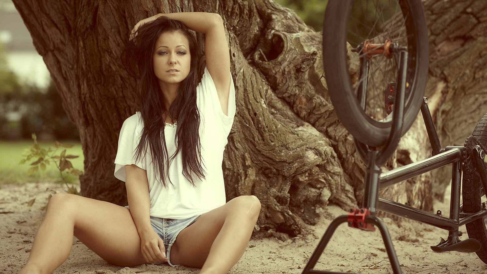 People 1920x1080 brunette women model bicycle spread legs jean shorts Kristina Uhrinova arms up women outdoors sitting T-shirt pornstar trees wood vehicle women with bicycles outdoors looking at viewer dark hair armpits Czech women
