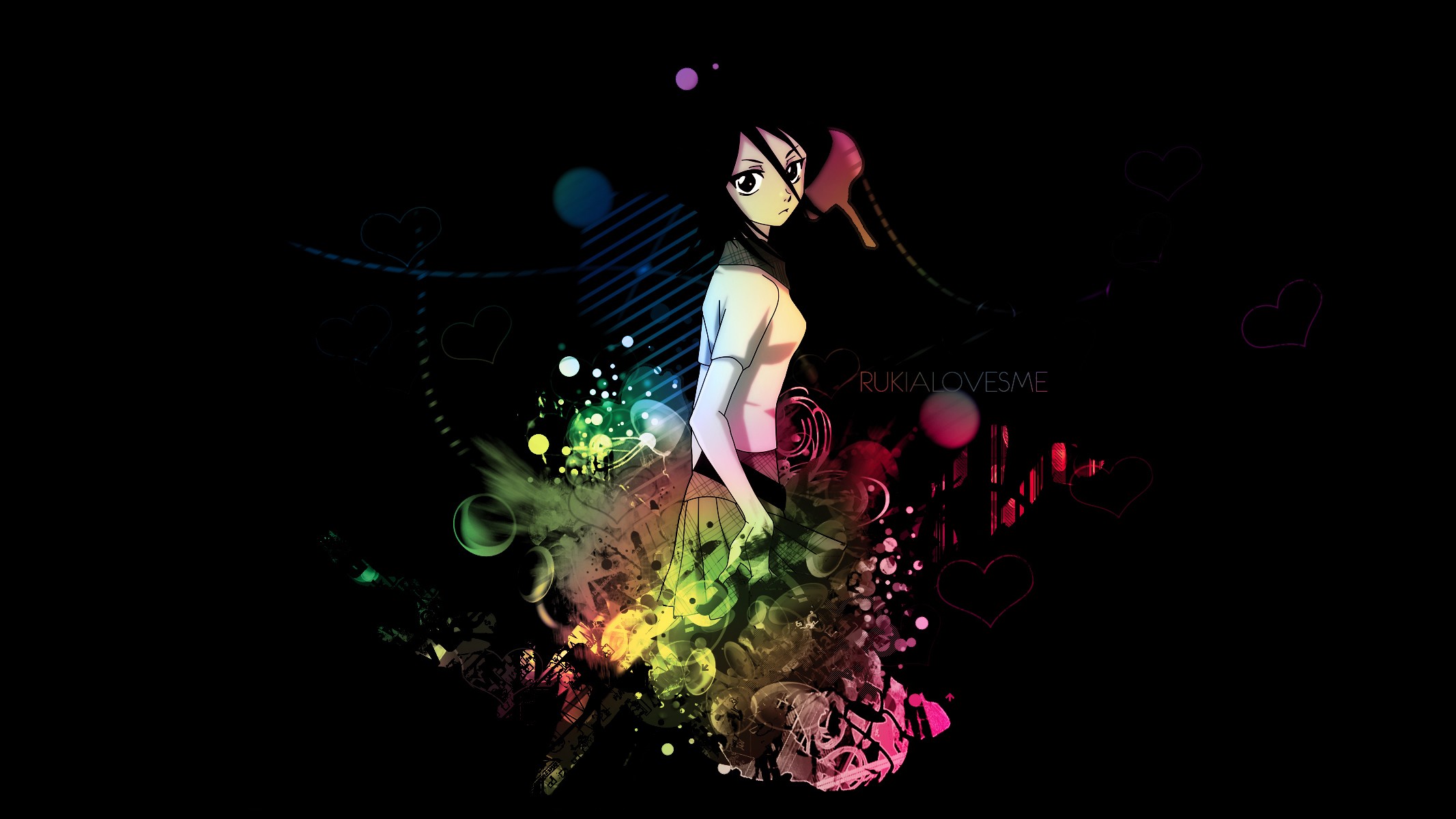 Anime 2133x1200 Bleach Kuchiki Rukia paint splatter black background anime girls looking at viewer simple background