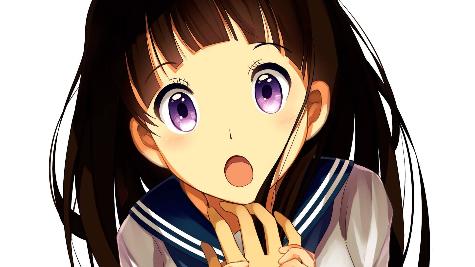 Anime 1920x1080 Hyouka anime anime girls Chitanda Eru purple eyes open mouth simple background white background