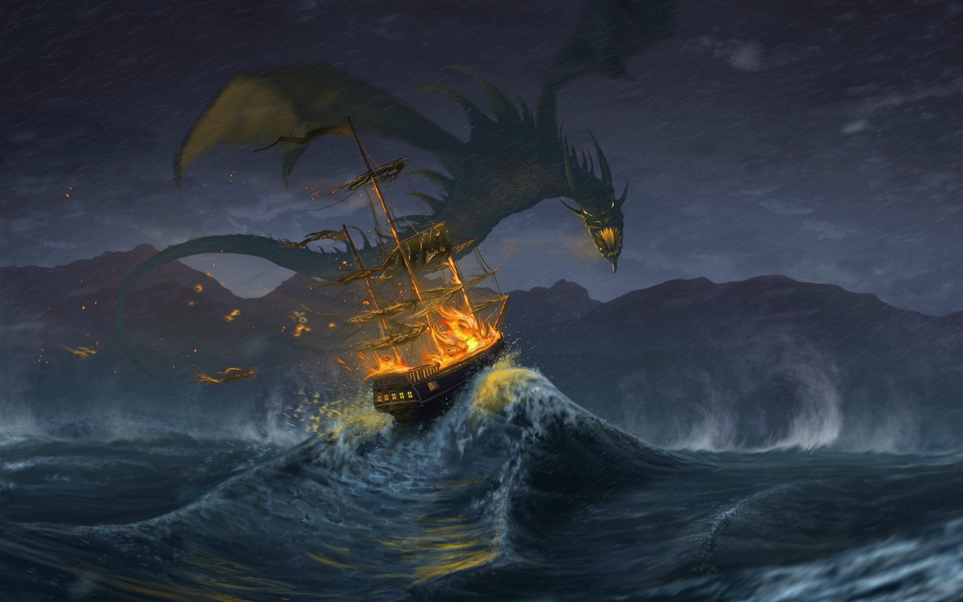 General 1920x1200 dragon sailing ship fantasy art fire rigging (ship) vehicle sea artwork creature digital art