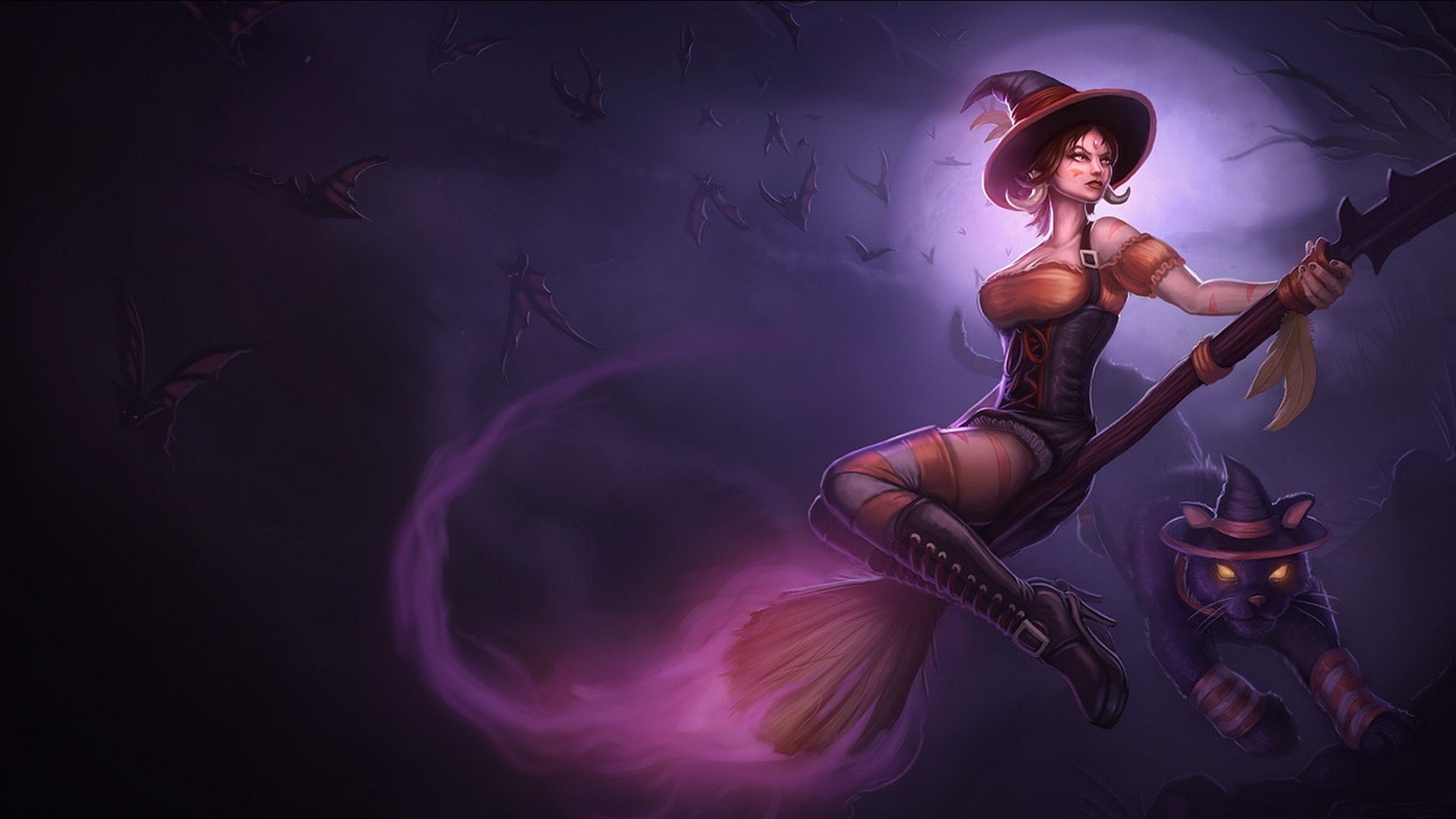General 1920x1080 fantasy art witch League of Legends video games women witch hat broom sitting video game art fantasy girl video game girls