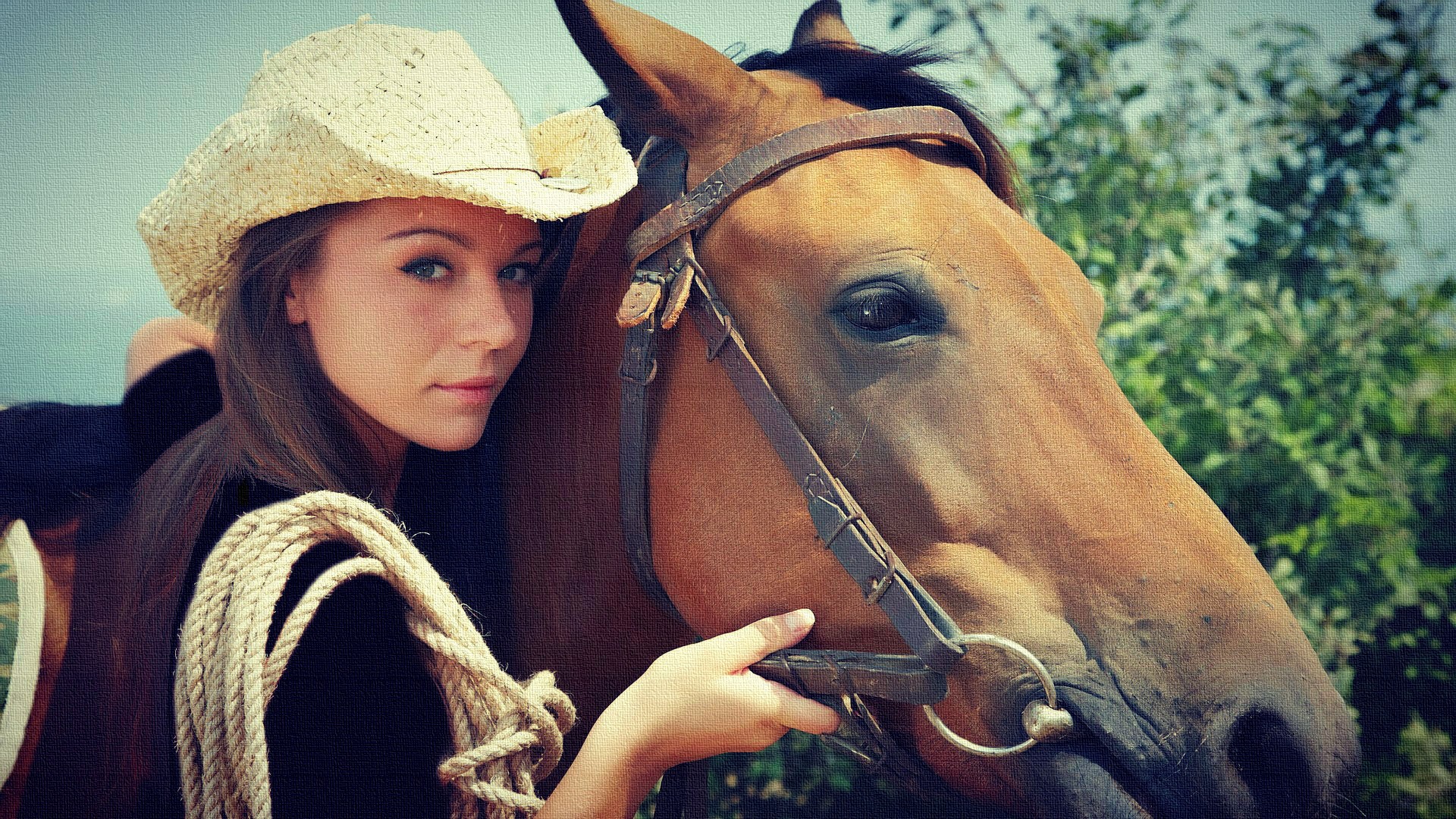 People 1920x1080 photo manipulation Lily Chey women with hats women with horse straw hat millinery cowgirl horse animals mammals looking at viewer hat Ukrainian women women model women outdoors
