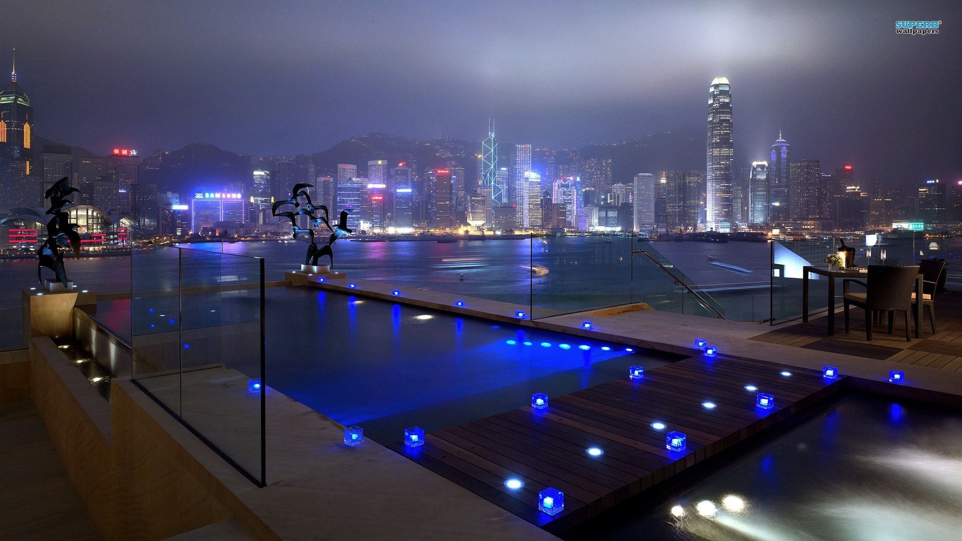 General 1920x1080 city night lights architecture Hong Kong cityscape long exposure swimming pool skyscraper building hills water Asia China city lights