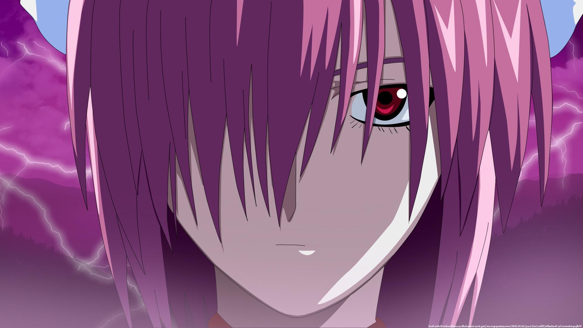 Anime 1920x1080 anime Elfen Lied Nyu hair over one eye red eyes purple hair looking at viewer face