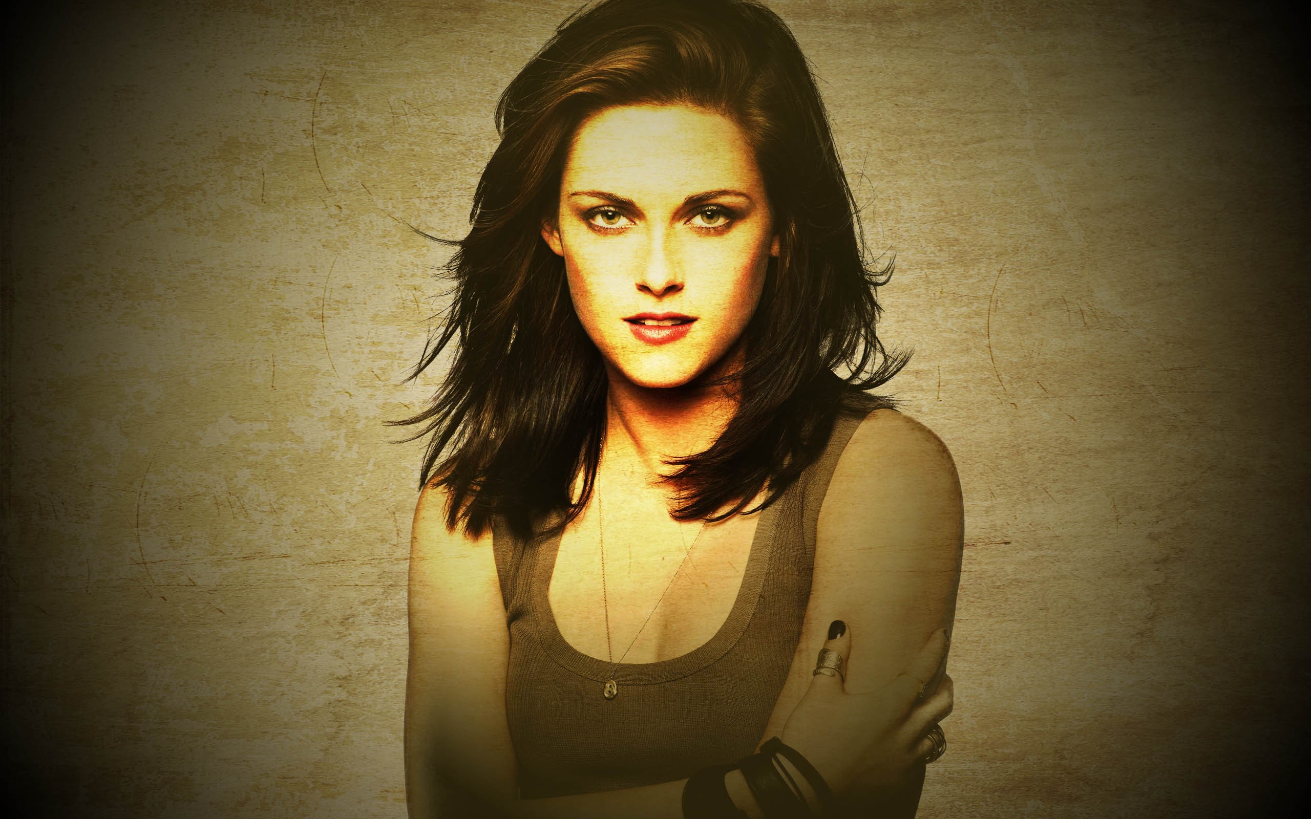 People 2560x1600 Kristen Stewart face women actress portrait celebrity looking at viewer photo manipulation necklace red lipstick brunette photoshopped simple background