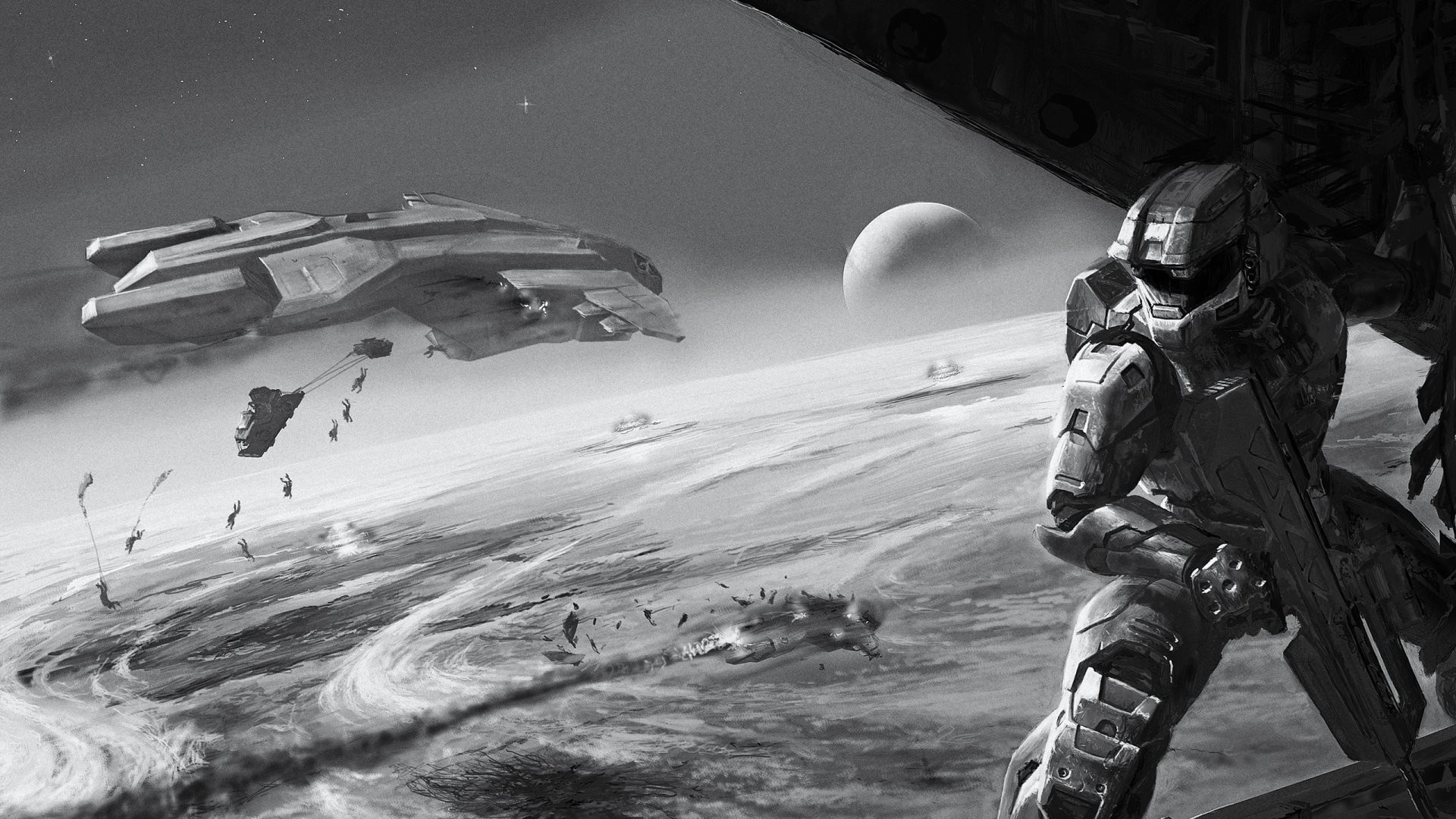 General 1920x1080 video games space Halo Wars monochrome spaceship planet gray artwork science fiction video game art