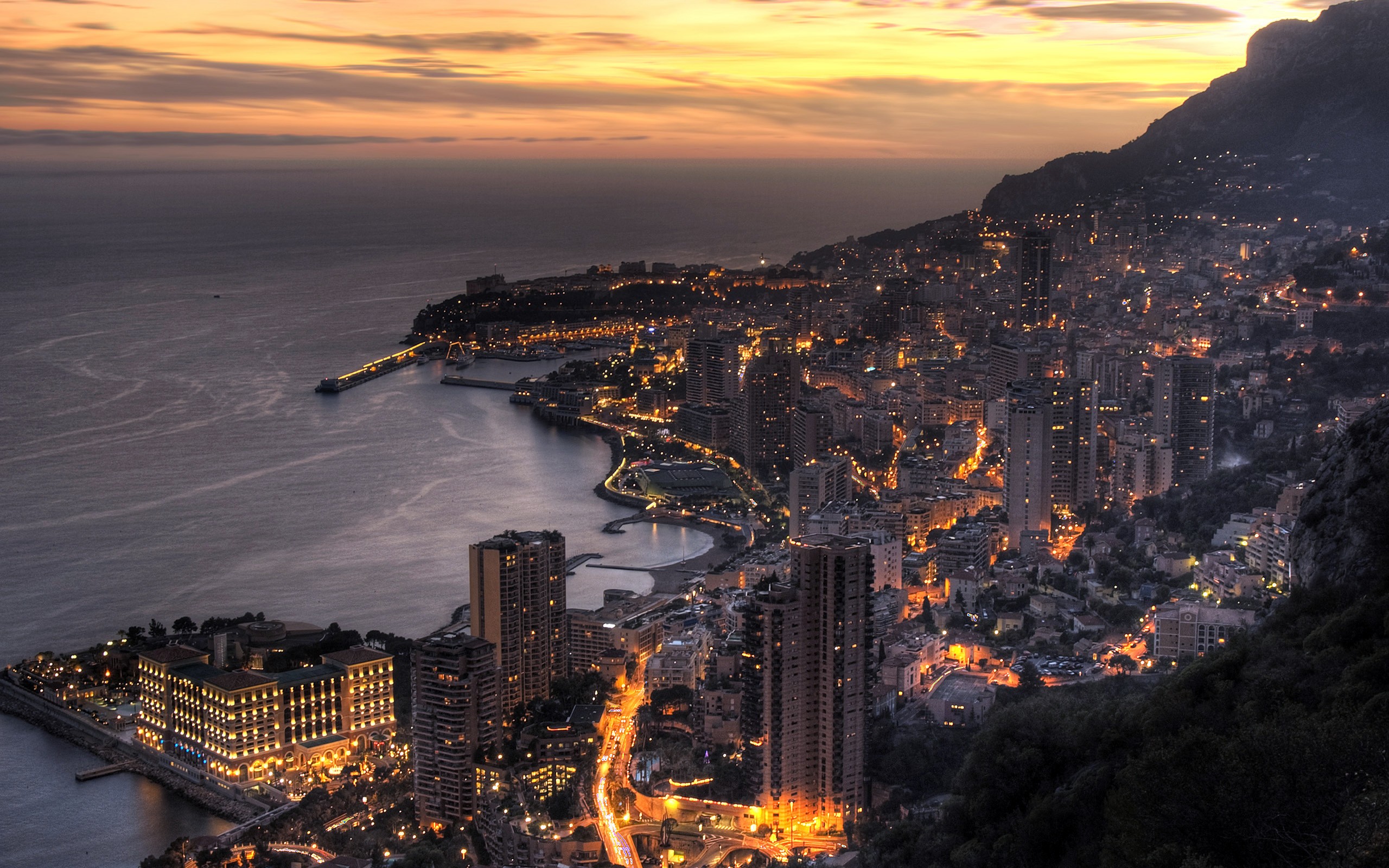 General 2560x1600 cityscape sunset city Monaco sea sky sunlight dusk city lights