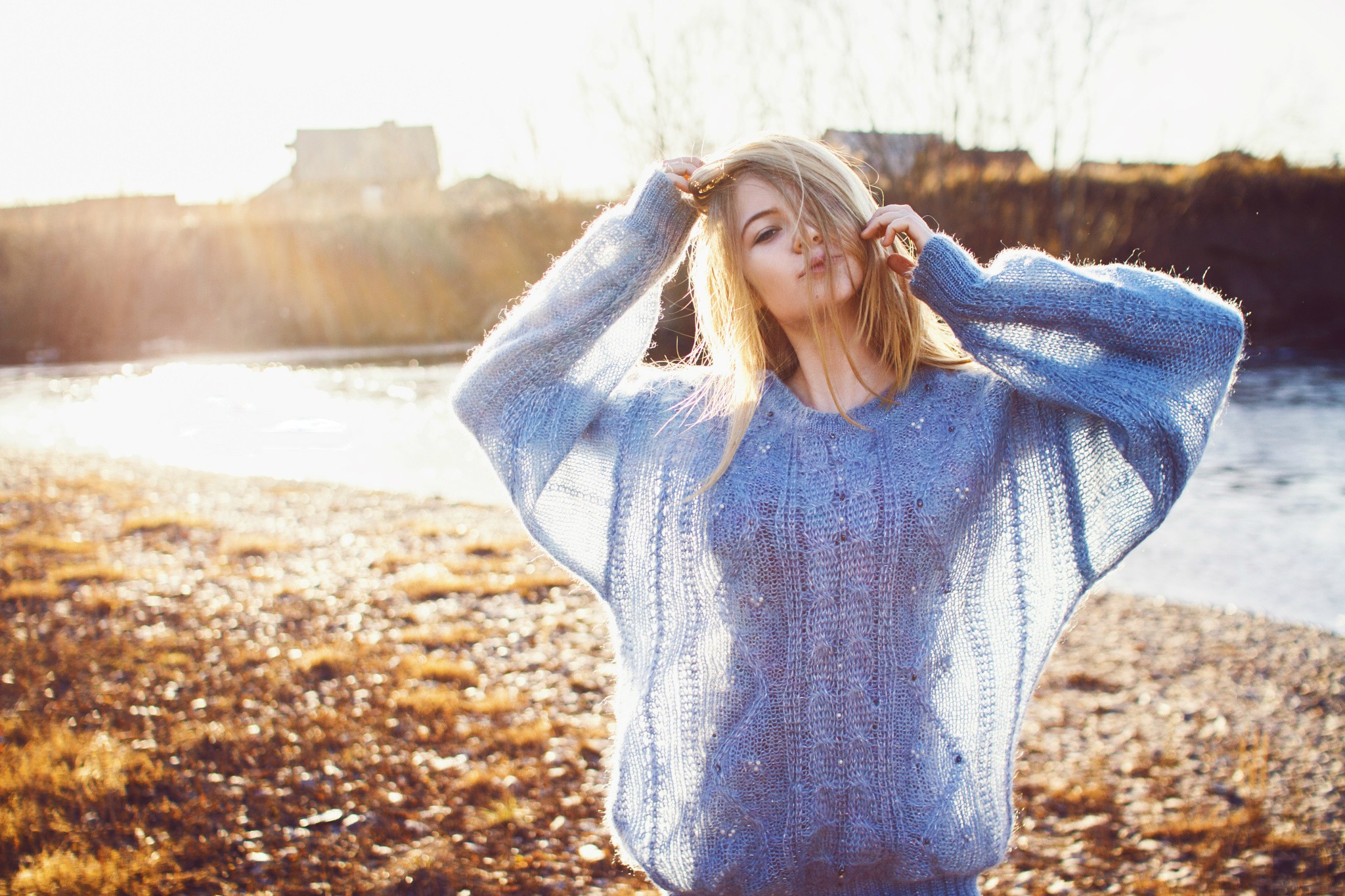People 2048x1365 women blonde model women outdoors sunlight looking at viewer outdoors blue clothing standing village sweater