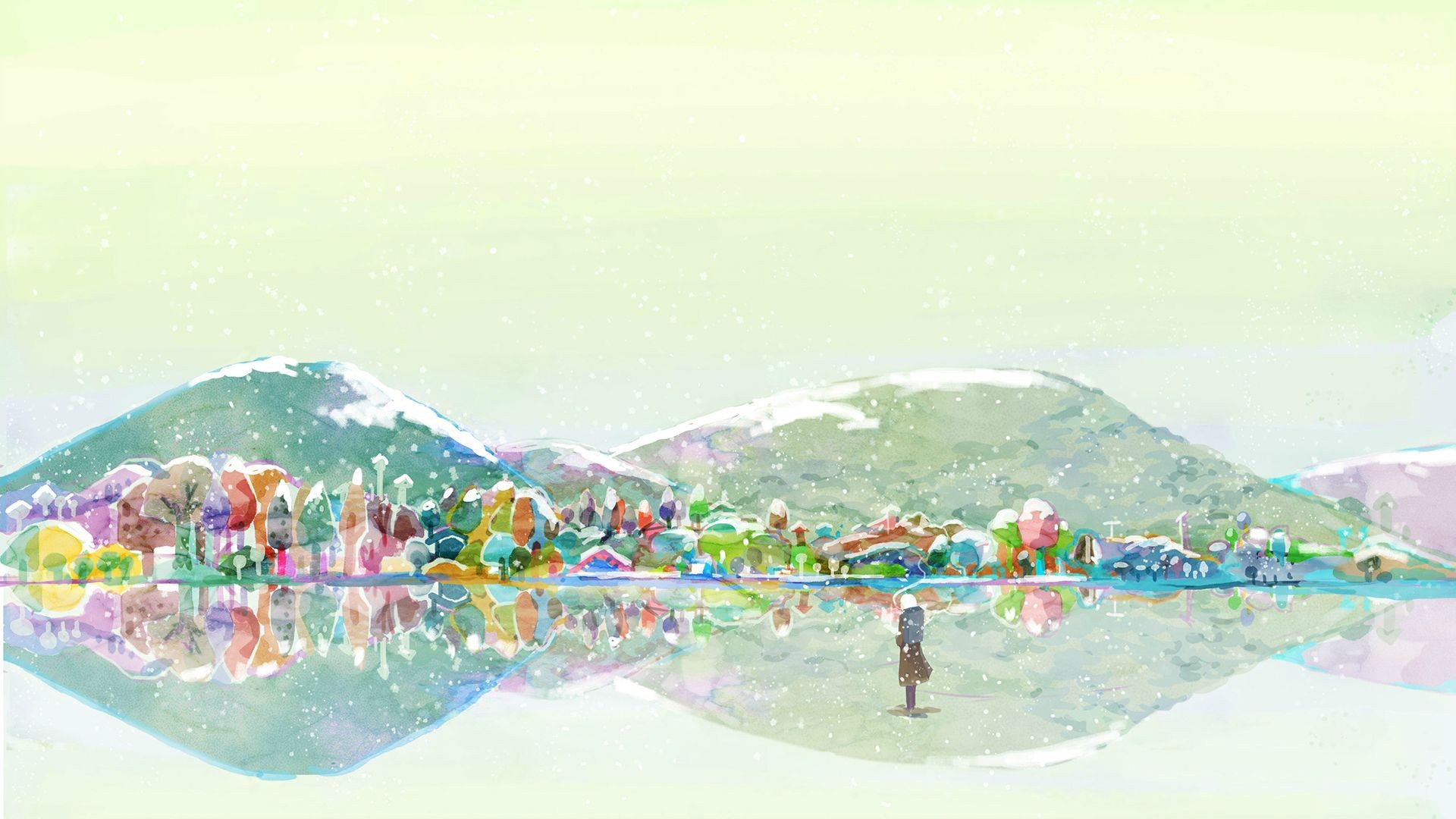 Anime 1920x1080 Mushishi Ginko (Mushishi) mountains colorful artwork snowing winter frozen lake reflection bright Pixiv