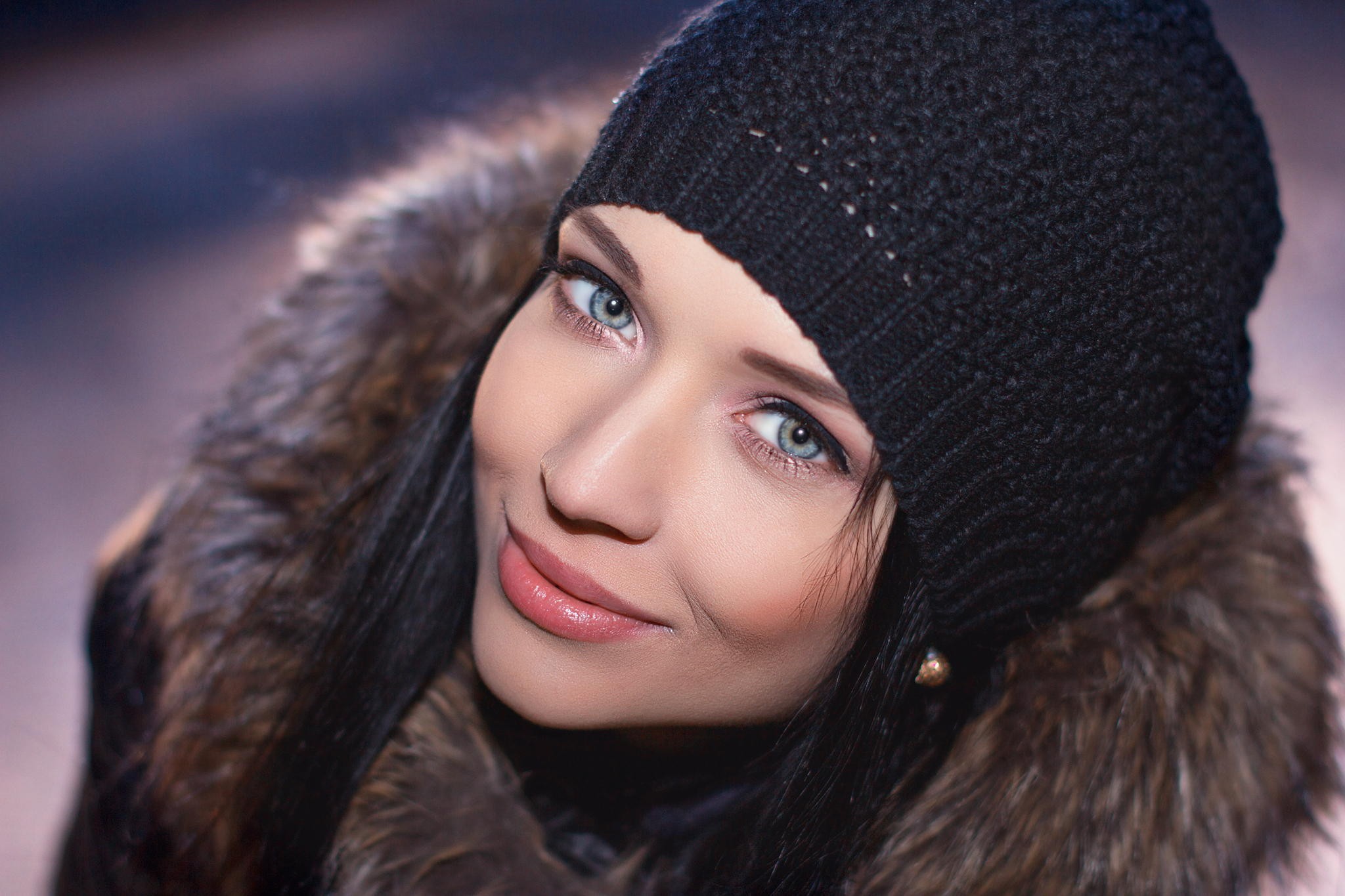 People 2048x1365 women blue eyes hat Angelina Petrova model makeup lipstick face looking at viewer fur jacket Ukrainian Ukrainian women closeup