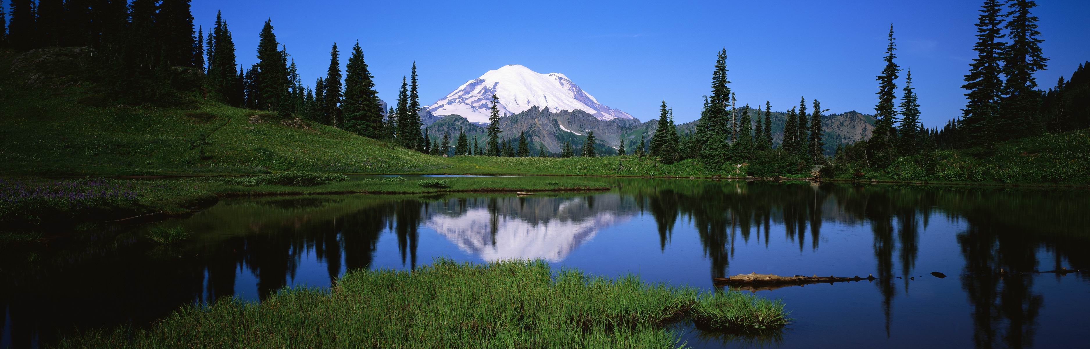 General 3750x1200 landscape water reflection mountains Mount Rainier nature USA Washington State volcano