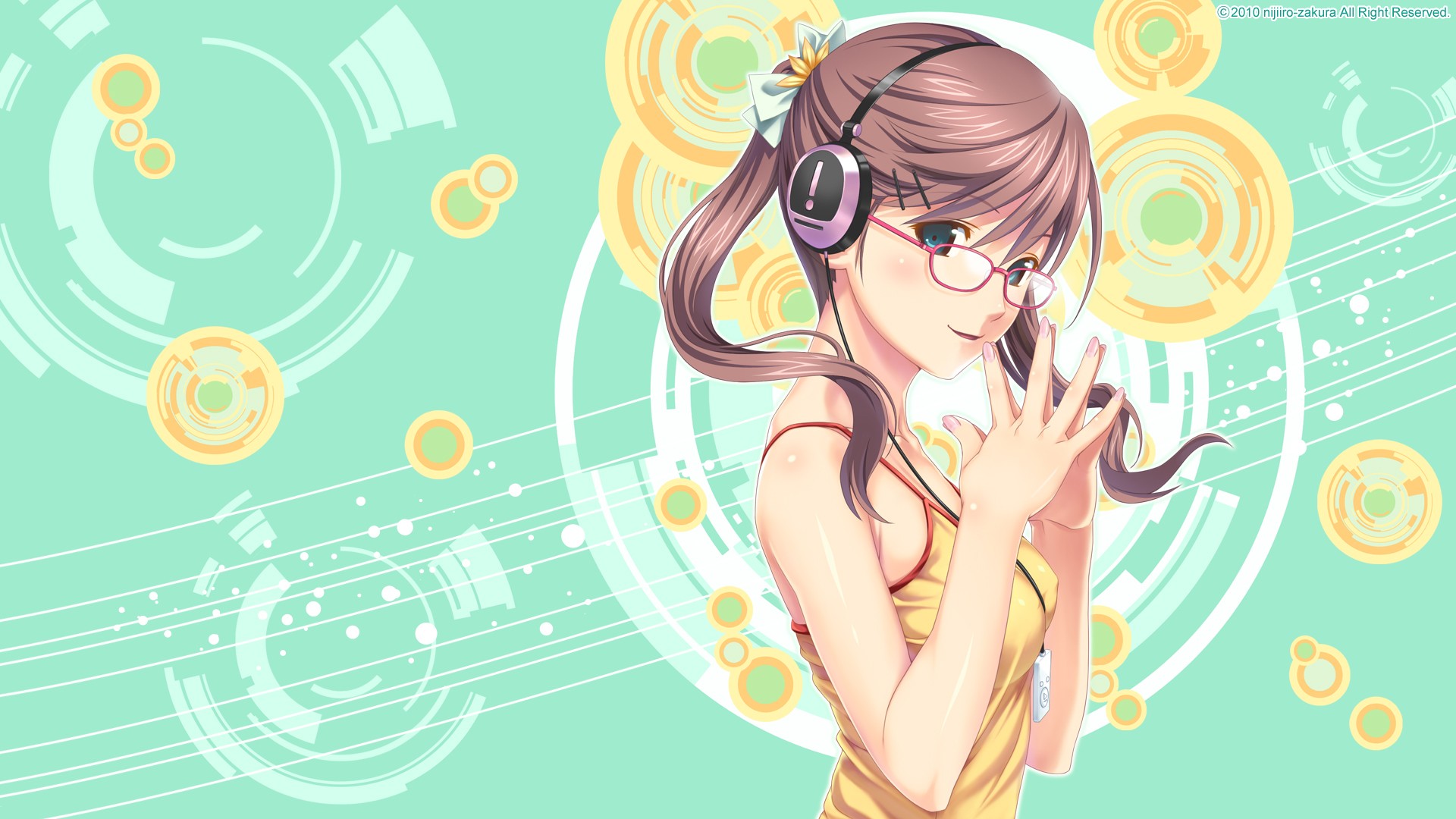 Anime 1920x1080 anime girls anime glasses headphones Koutaro looking at viewer brunette long hair women with glasses