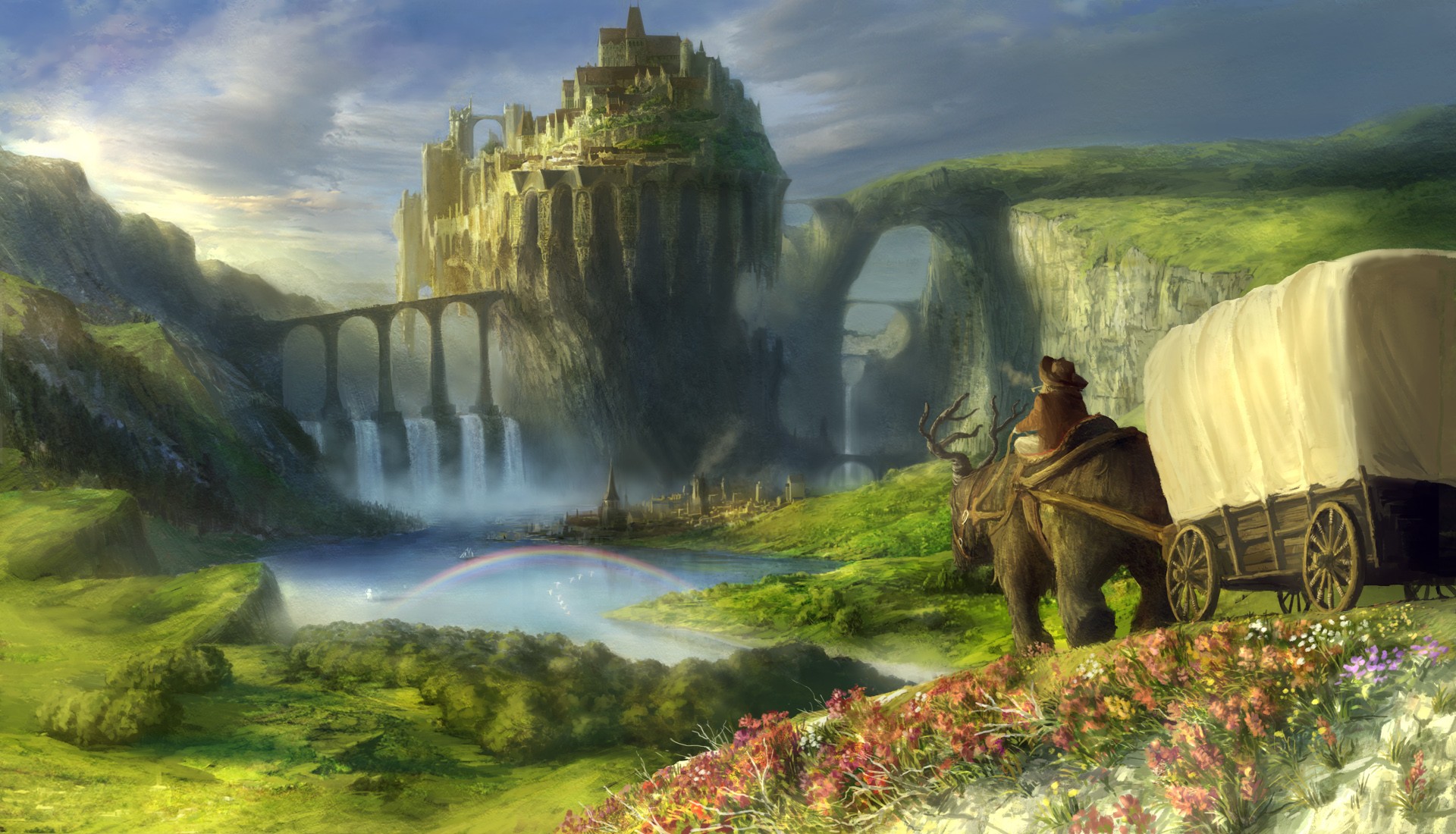 Anime 1920x1100 artwork landscape rainbows fantasy art fantasy city vehicle rock mountains waterfall