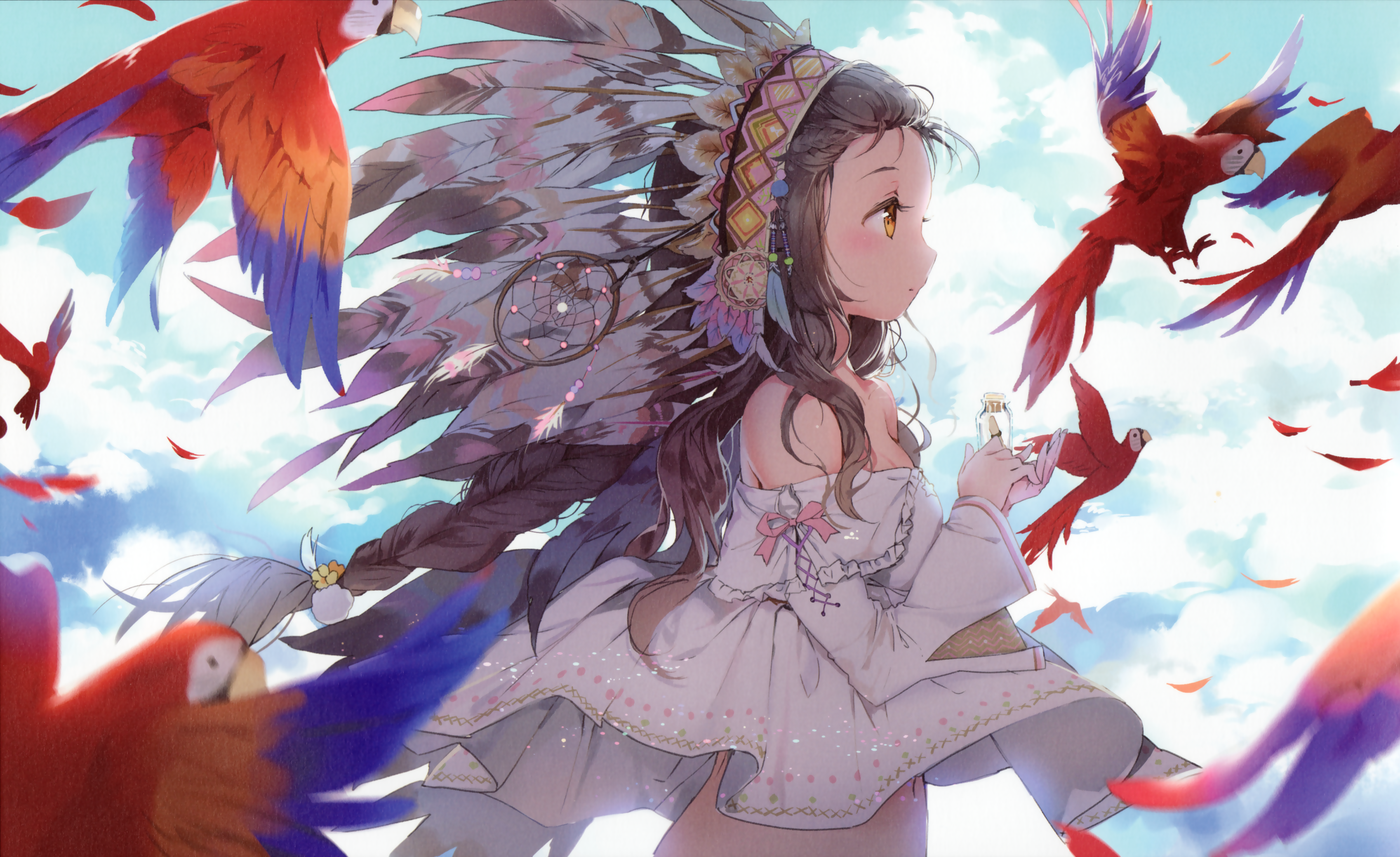 Anime 3395x2078 anime girls anime fantasy girl parrot birds animals brunette Anmi fantasy art women feathers
