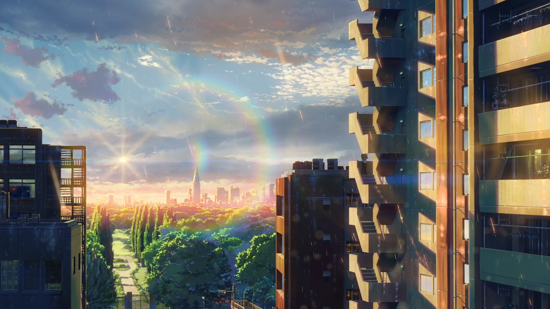 Anime 1920x1080 The Garden of Words Makoto Shinkai  anime city sky clouds sunrise trees cityscape sunlight