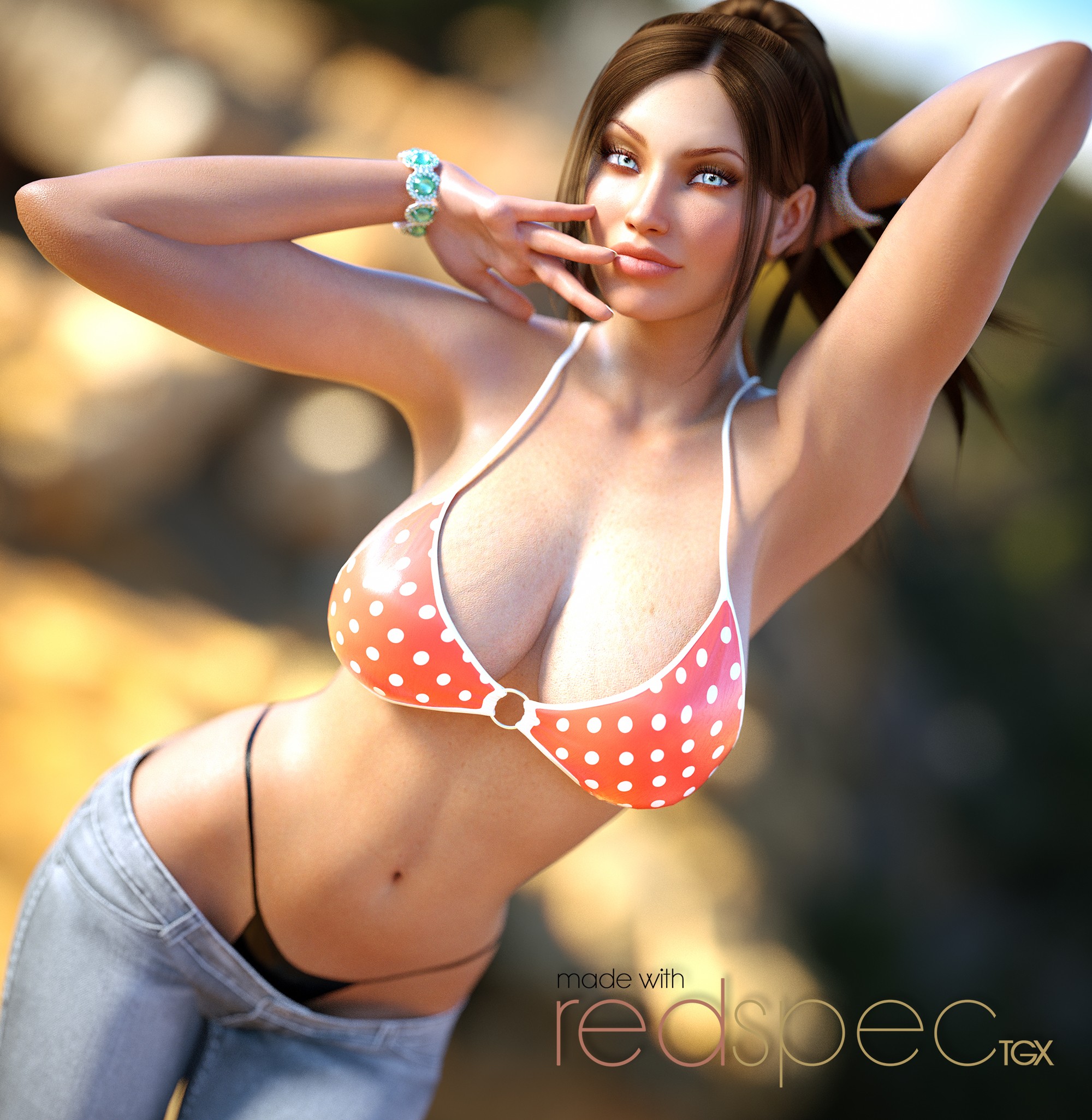 General 2000x2051 CGI boobs bikini jeans big boobs women brunette portrait display digital art text looking at viewer arms up watermarked closed mouth bracelets blurry background blurred long hair slim body thong cleavage