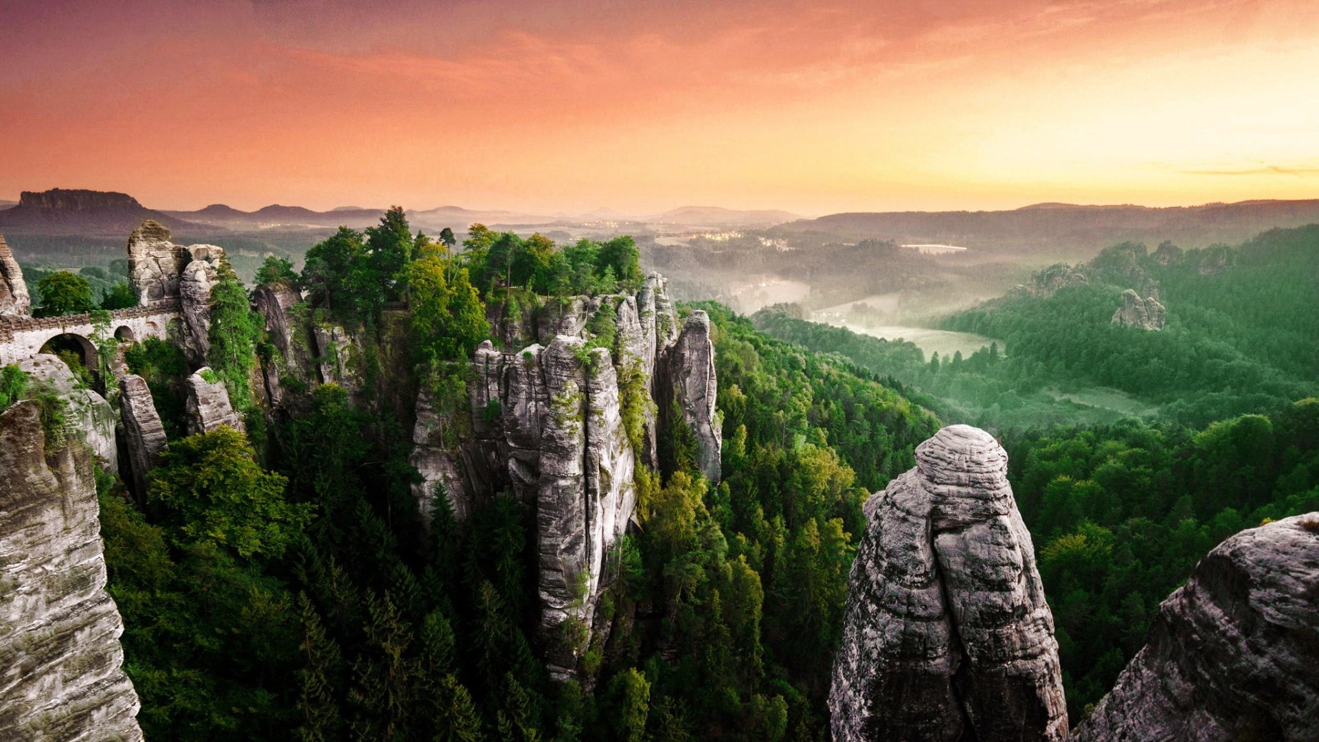 General 1920x1080 nature landscape rocks forest rock formation orange sky sky Saxon Switzerland Germany Saxony Bastei