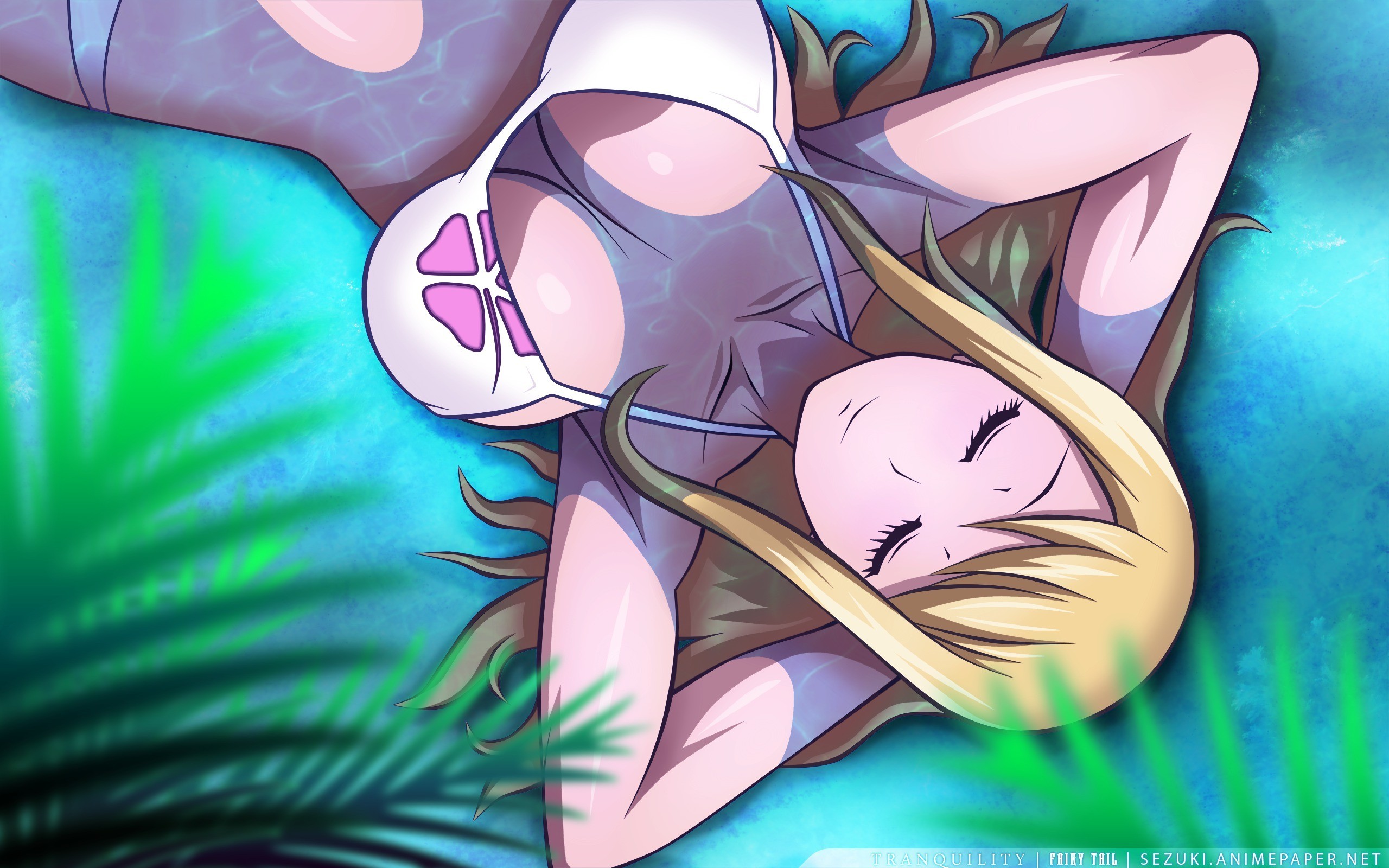 Anime 2560x1600 anime girls anime Fairy Tail bikini blonde Heartfilia Lucy  boobs big boobs closed eyes lying on back
