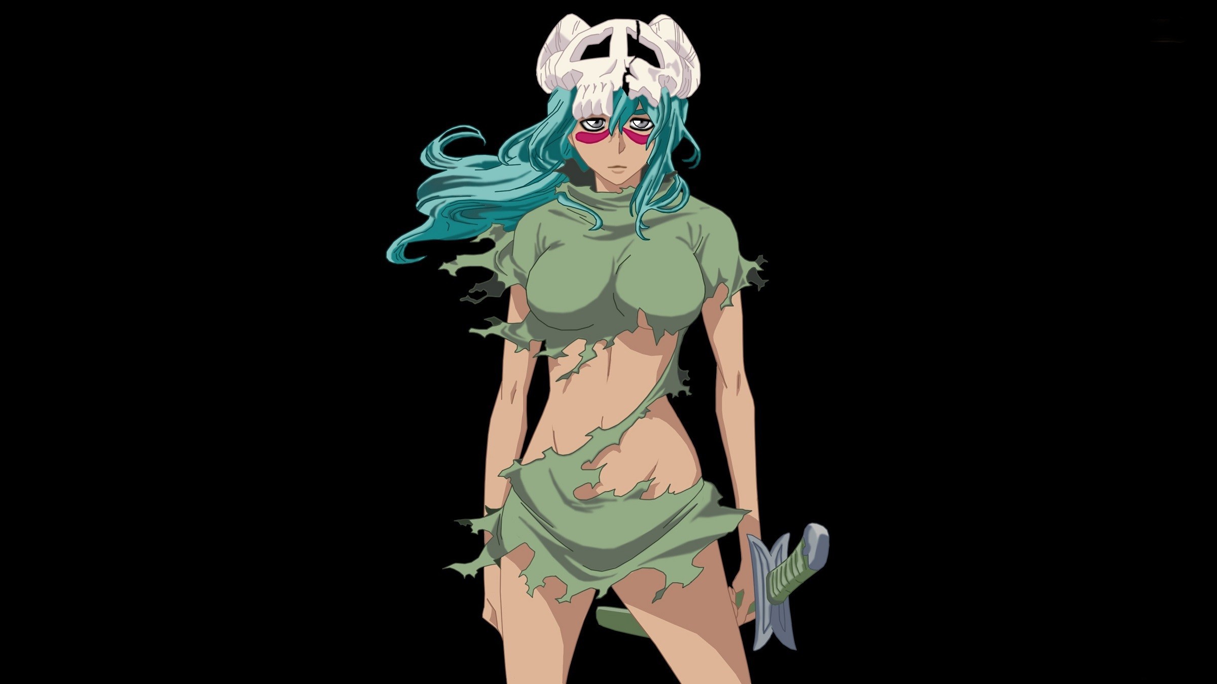 Anime 2401x1350 anime girls Bleach Nelliel Tu Odelschwanck women boobs belly black background simple background torn clothes big boobs standing cyan hair skull women with swords sword weapon looking at viewer
