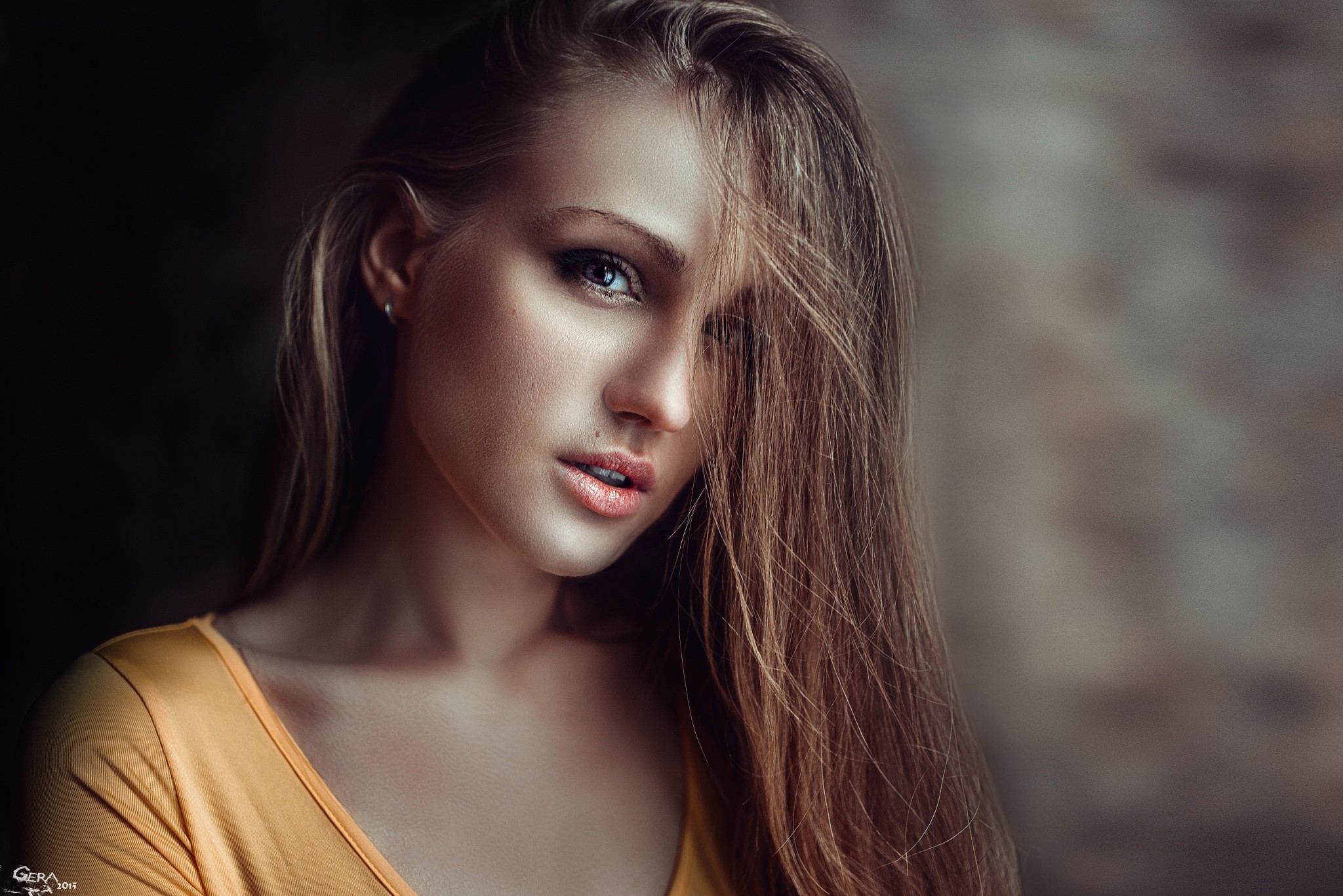People 2048x1367 women model brunette Georgy Chernyadyev 2015 (Year) 500px women indoors indoors face studio long hair portrait hair in face
