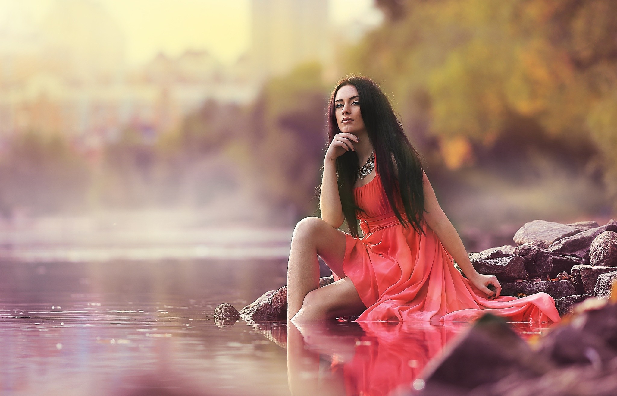 People 2048x1314 women model brunette river dress long hair Pavel Smetanin 500px in water calm waters water outdoors women outdoors dark hair necklace red dress red clothing looking at viewer