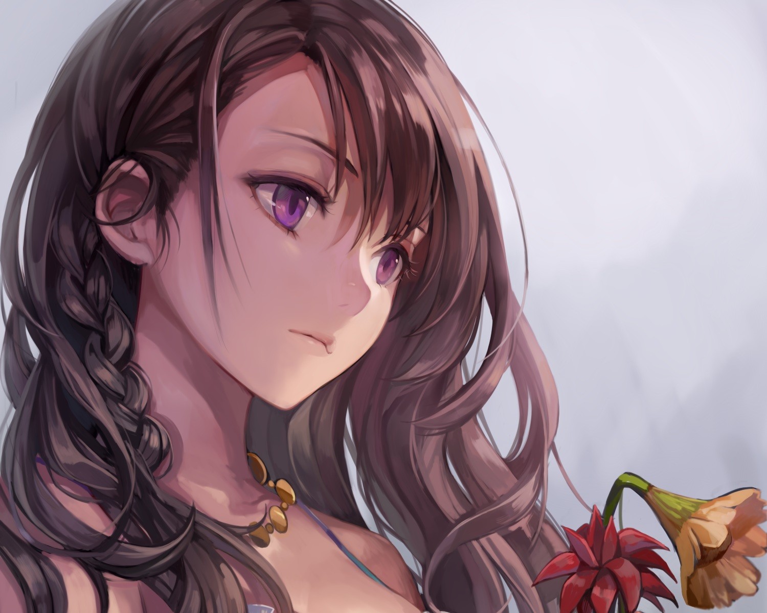 Anime 1500x1200 anime girls purple eyes brunette Momoko anime women face sad flowers plants long hair