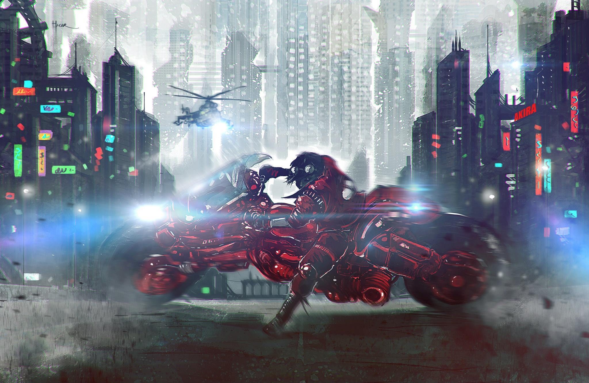 Anime 2048x1333 drawing digital art Akira cyberpunk futuristic kaneda motorcycle vehicle Red Motorcycles futuristic city cityscape artwork science fiction anime