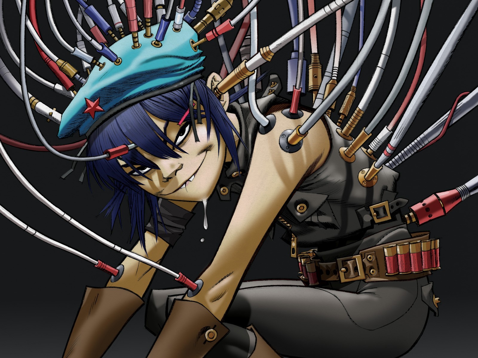 General 1600x1200 wires Gorillaz blue hair looking at viewer drool band