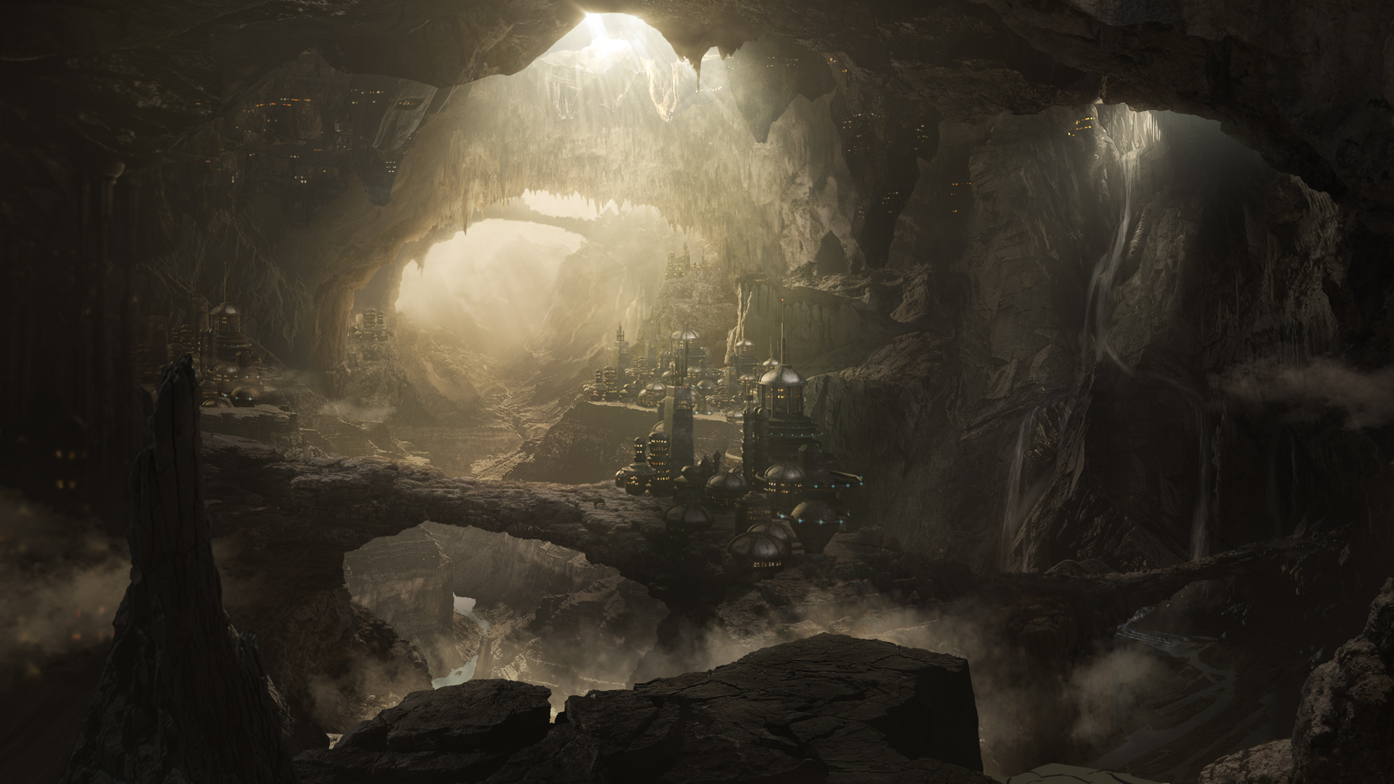 General 2000x1125 digital art science fiction cave rock formation landscape futuristic artwork
