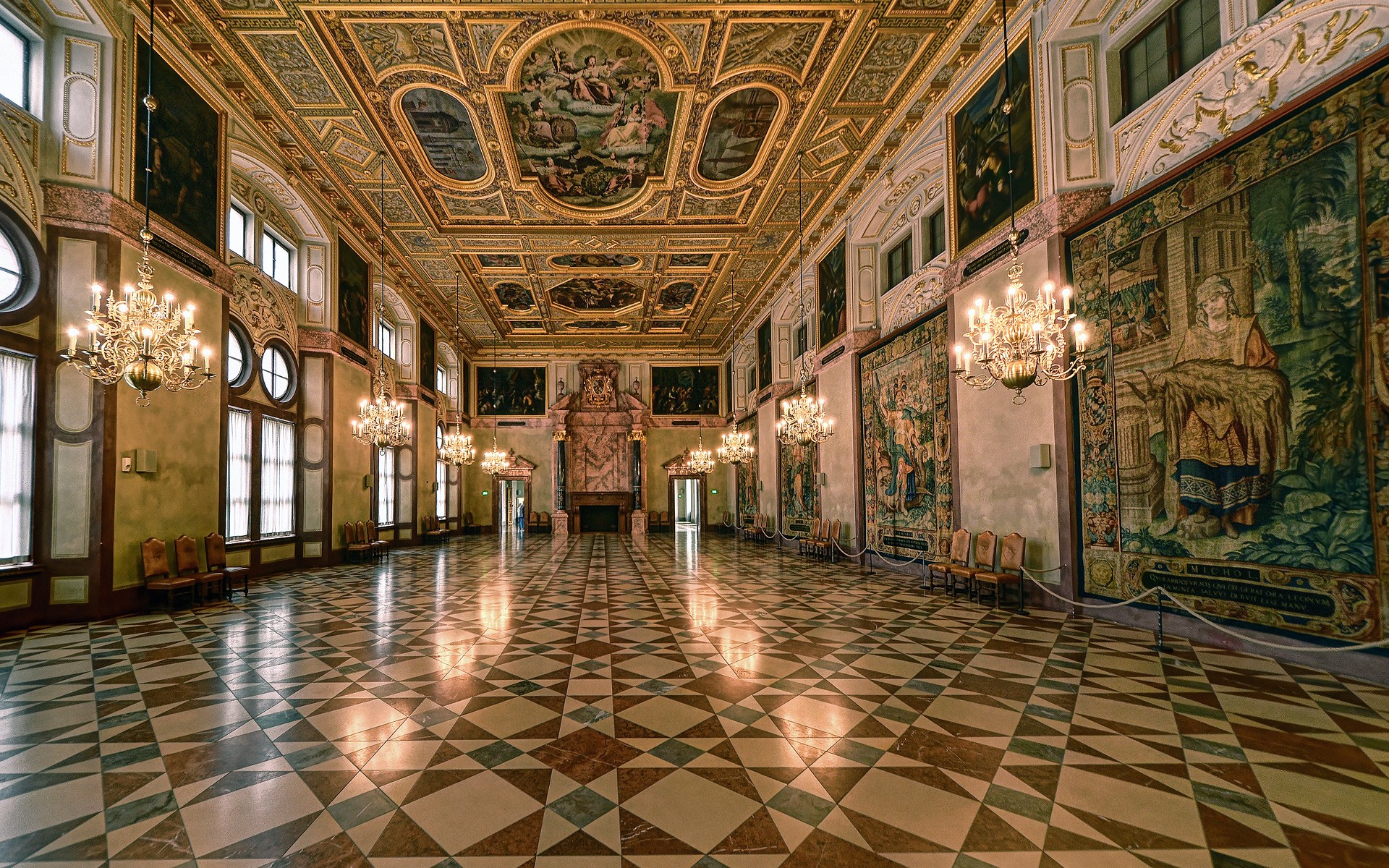 General 1920x1200 architecture chandeliers frescoes Munich palace ballroom fireplace Baroque Germany building indoors